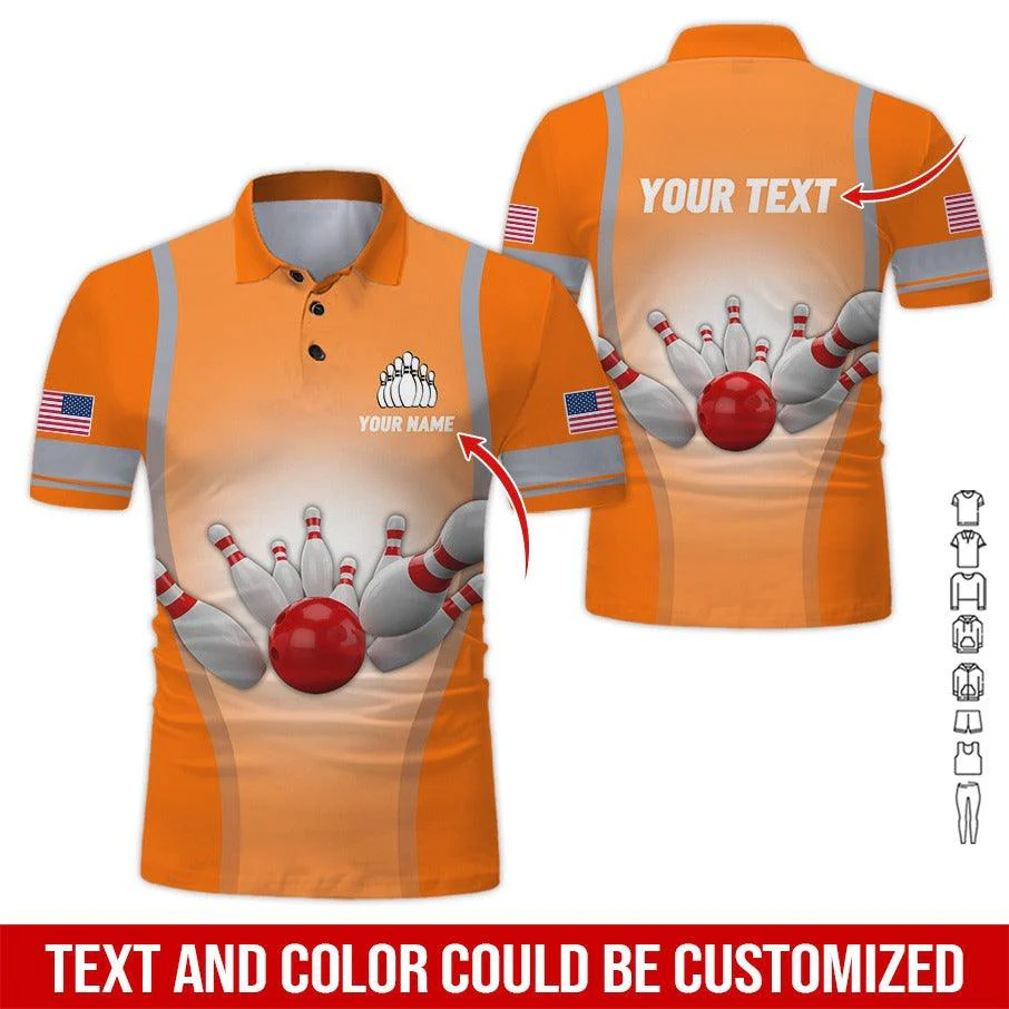 Custom Bowling Men Polo Shirt - Bowling Ball Pattern, US Flag Personalized Name Polo Shirt - Perfect Bowling Gift For Men, Bowling Lover - Image 3