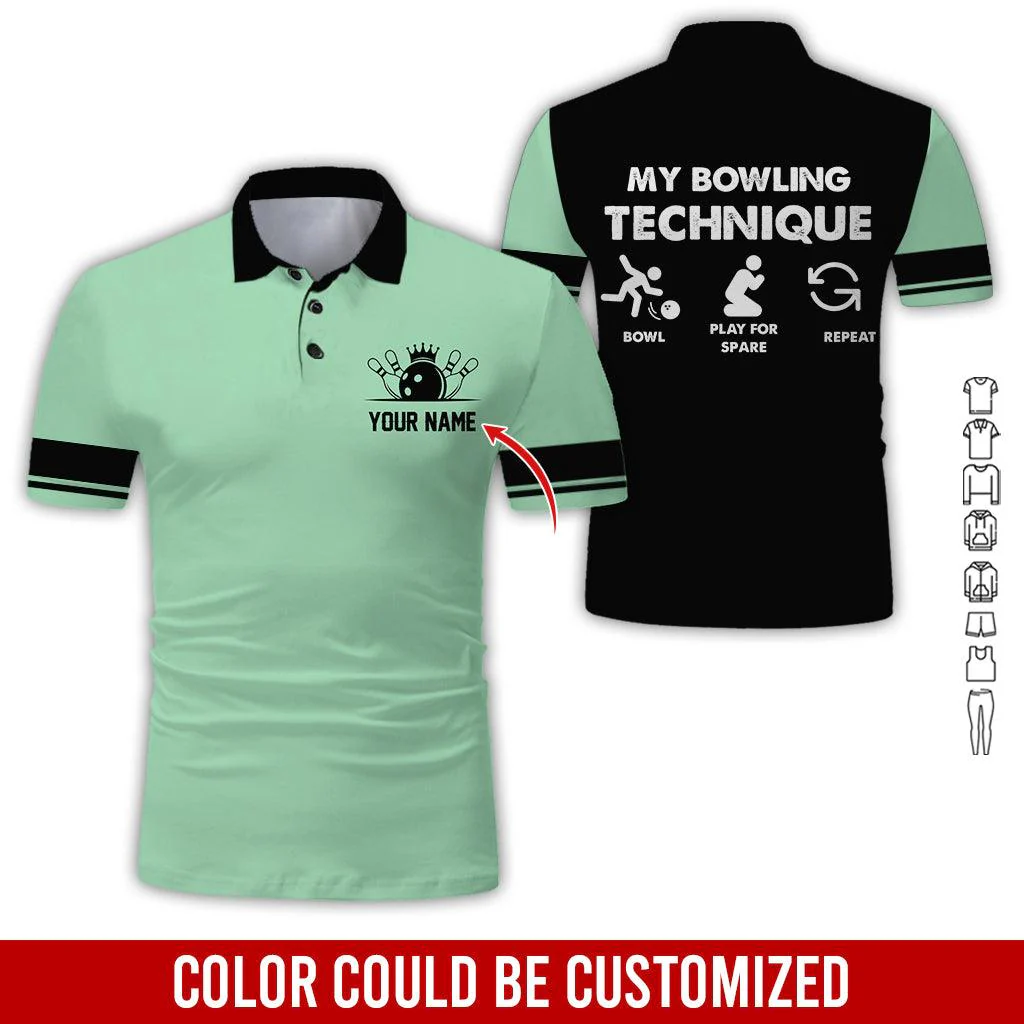 Custom Bowling Men Polo Shirt, Cool Bowling Ball Pattern, My Bowling Technique Personalized Name Polo Shirt, Perfect Bowling Gift For Men, Bowling Lover - Image 3