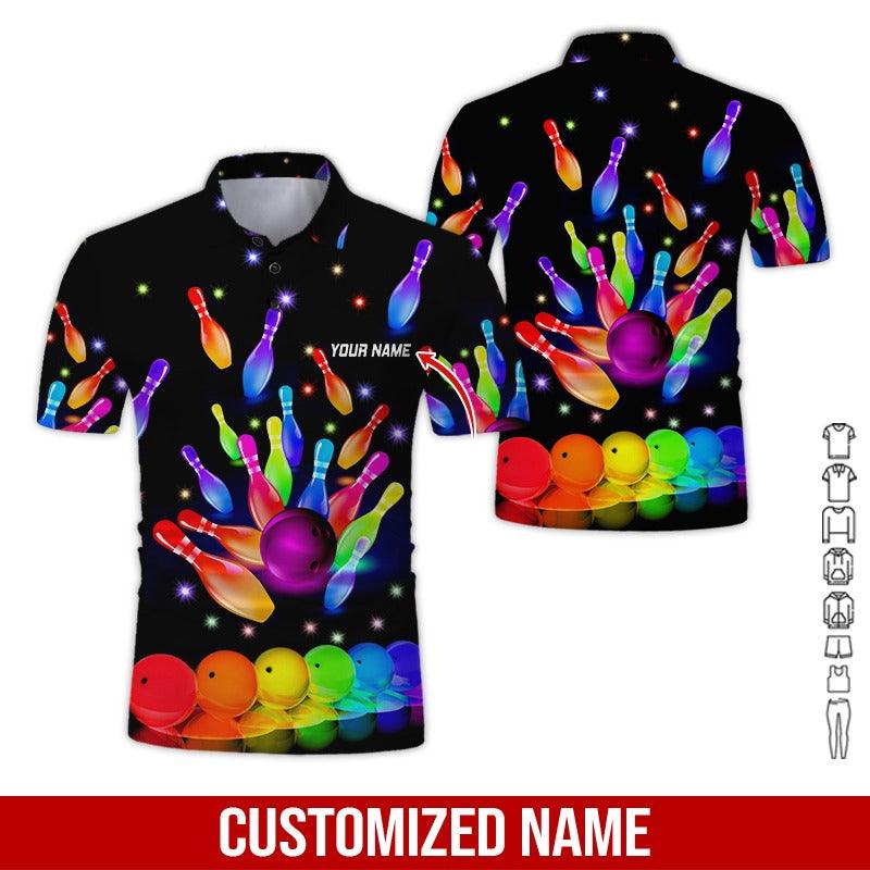 Custom Bowling Men Polo Shirt - Rainbow Bowling Ball Personalized Name Polo Shirt - Perfect Bowling Gift For Men, Bowling Lover