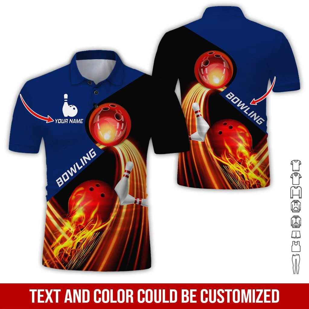 Custom Bowling Men Polo Shirt - Red Fire Bowling Ball Personalized Name Polo Shirt - Perfect Bowling Gift For Men, Bowling Lover - Image 2