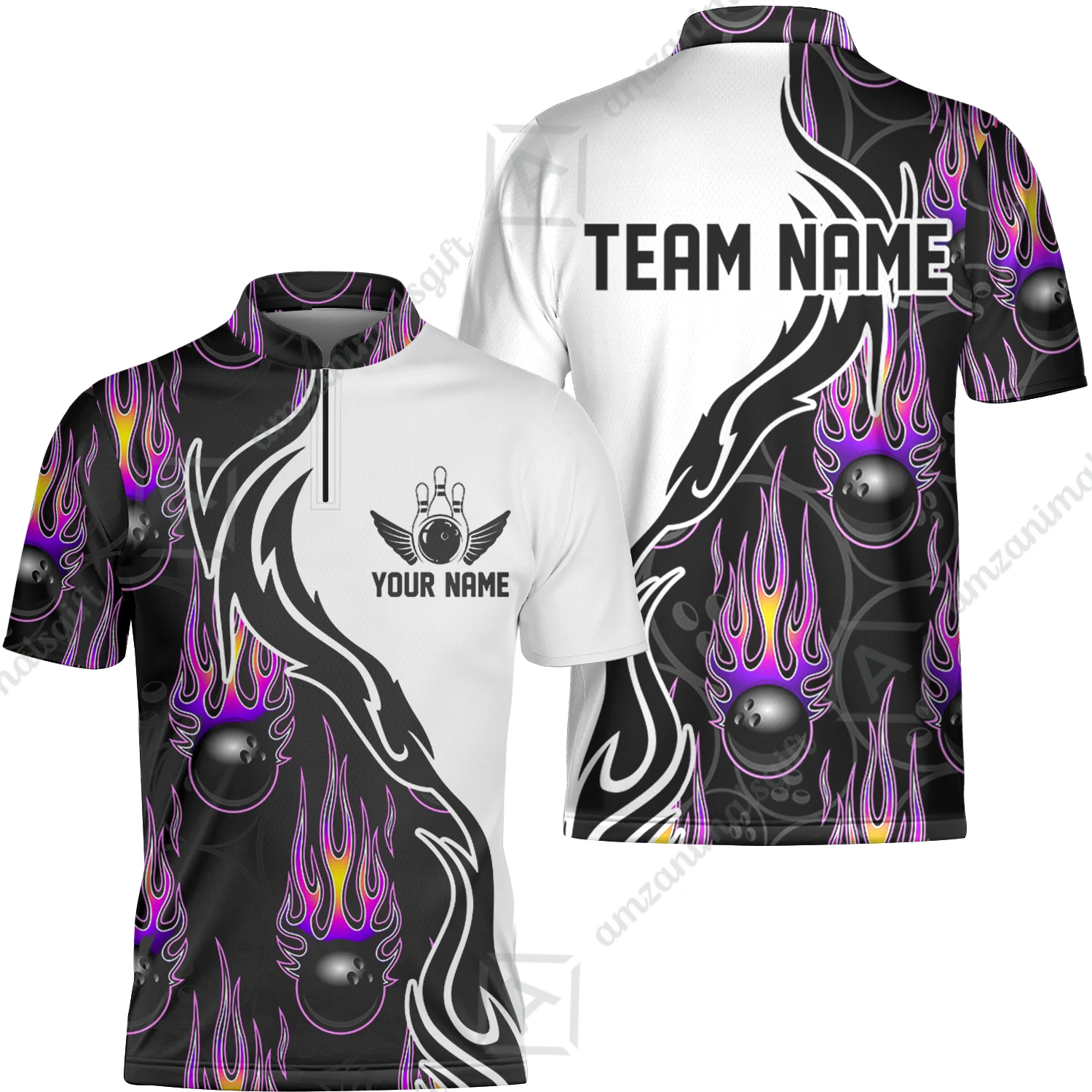 Customized Bowling Quarter-Zip Stand Collar Jersey Shirt, Bowling Ball With Fire Pattern Shirt For Team Men Women Bowler