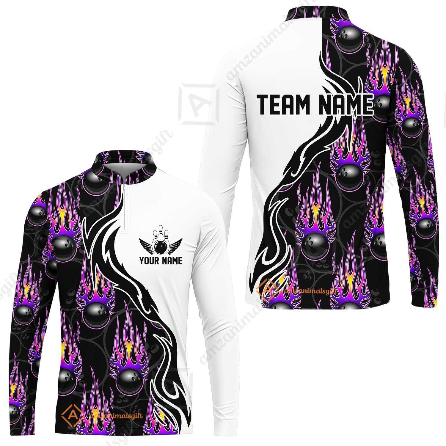 Customized Bowling Quarter-Zip Stand Collar Jersey Shirt, Bowling Ball With Fire Pattern Shirt For Team Men Women Bowler - Image 10