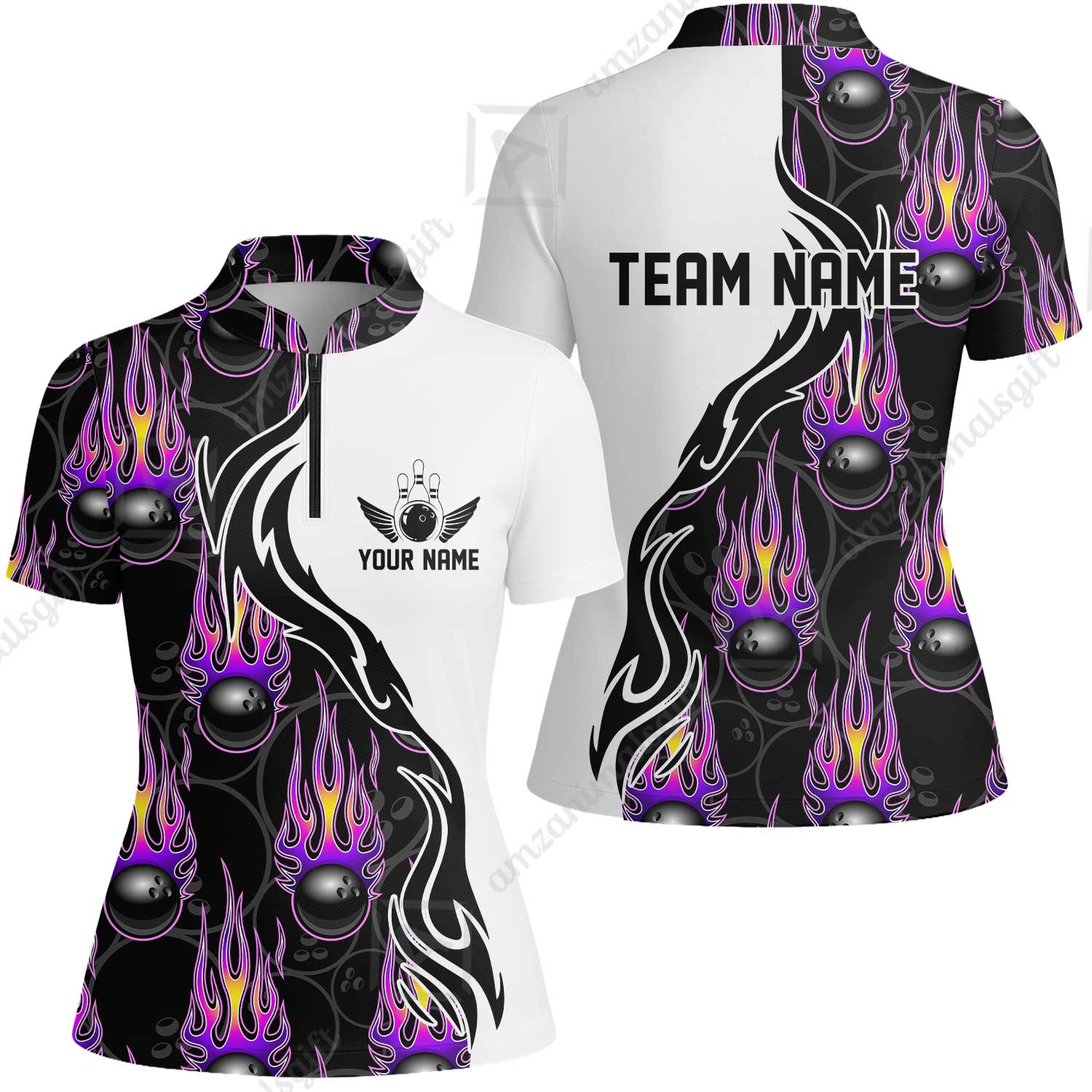 Customized Bowling Quarter-Zip Stand Collar Jersey Shirt, Bowling Ball With Fire Pattern Shirt For Team Men Women Bowler - Image 14