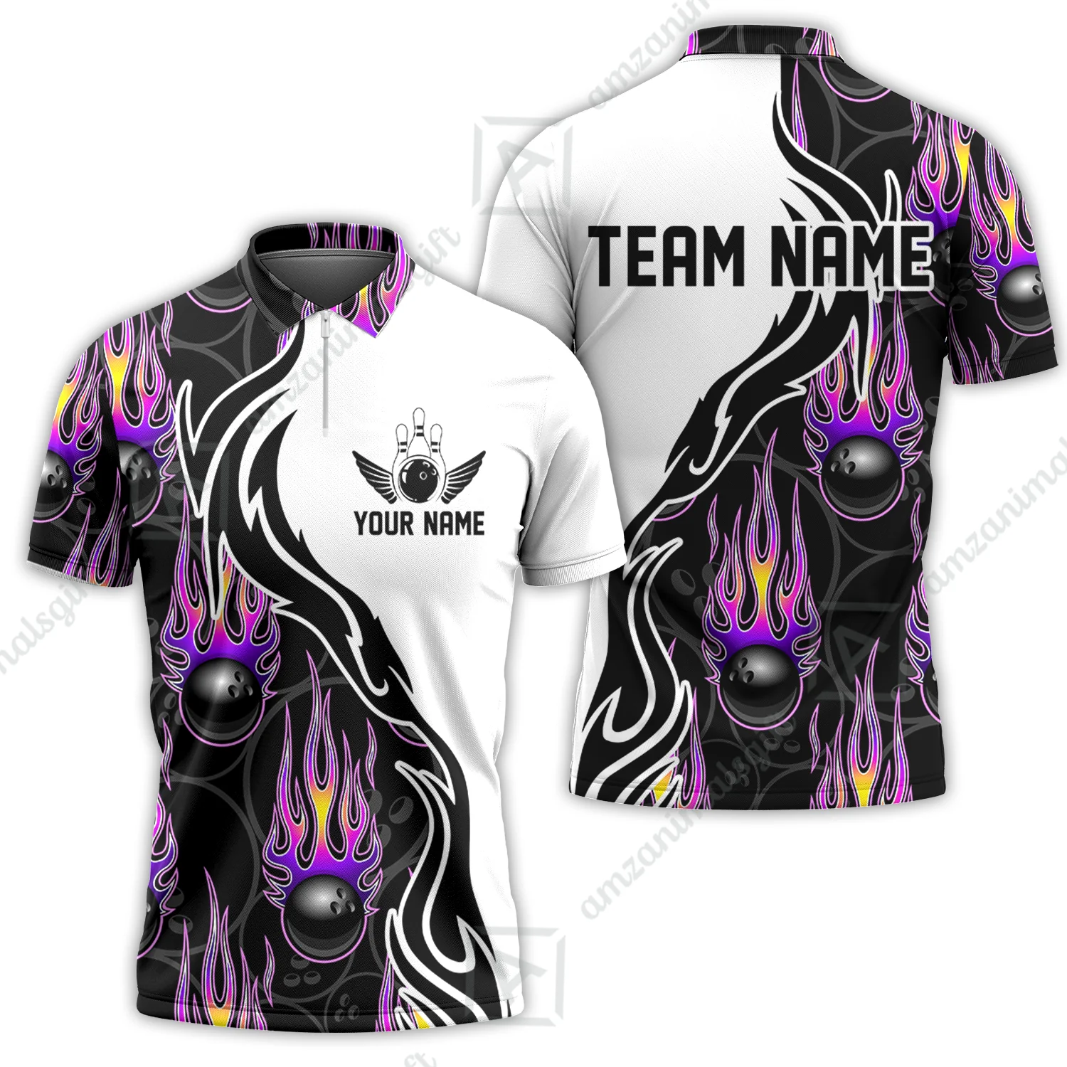 Customized Bowling Quarter-Zip Stand Collar Jersey Shirt, Bowling Ball With Fire Pattern Shirt For Team Men Women Bowler - Image 3