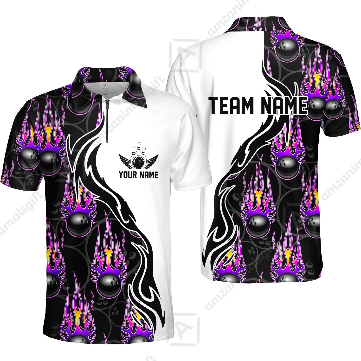 Customized Bowling Quarter-Zip Stand Collar Jersey Shirt, Bowling Ball With Fire Pattern Shirt For Team Men Women Bowler - Image 6