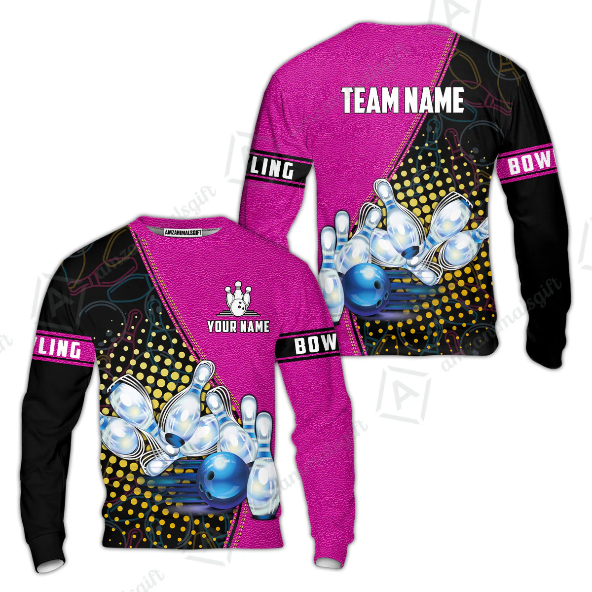 Custom Bowling Sweatshirt - Black And Blue Bowling Ball Pattern Personalized Name Sweatshirt - Image 4