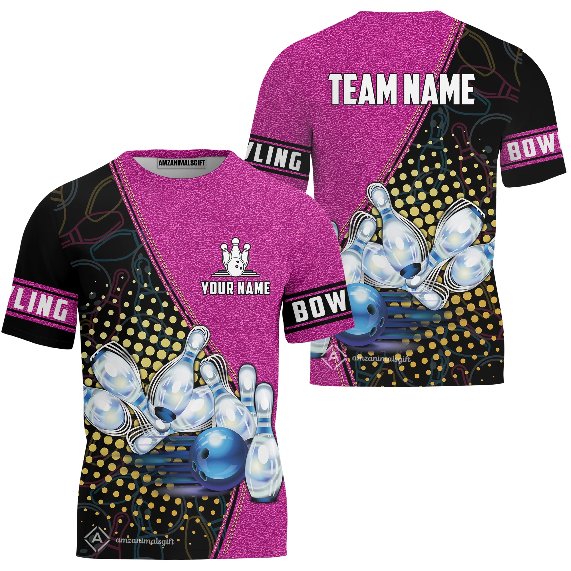 Custom Bowling T-Shirt - Black And Blue Bowling Ball Pattern Personalized Name T-Shirt - Image 4