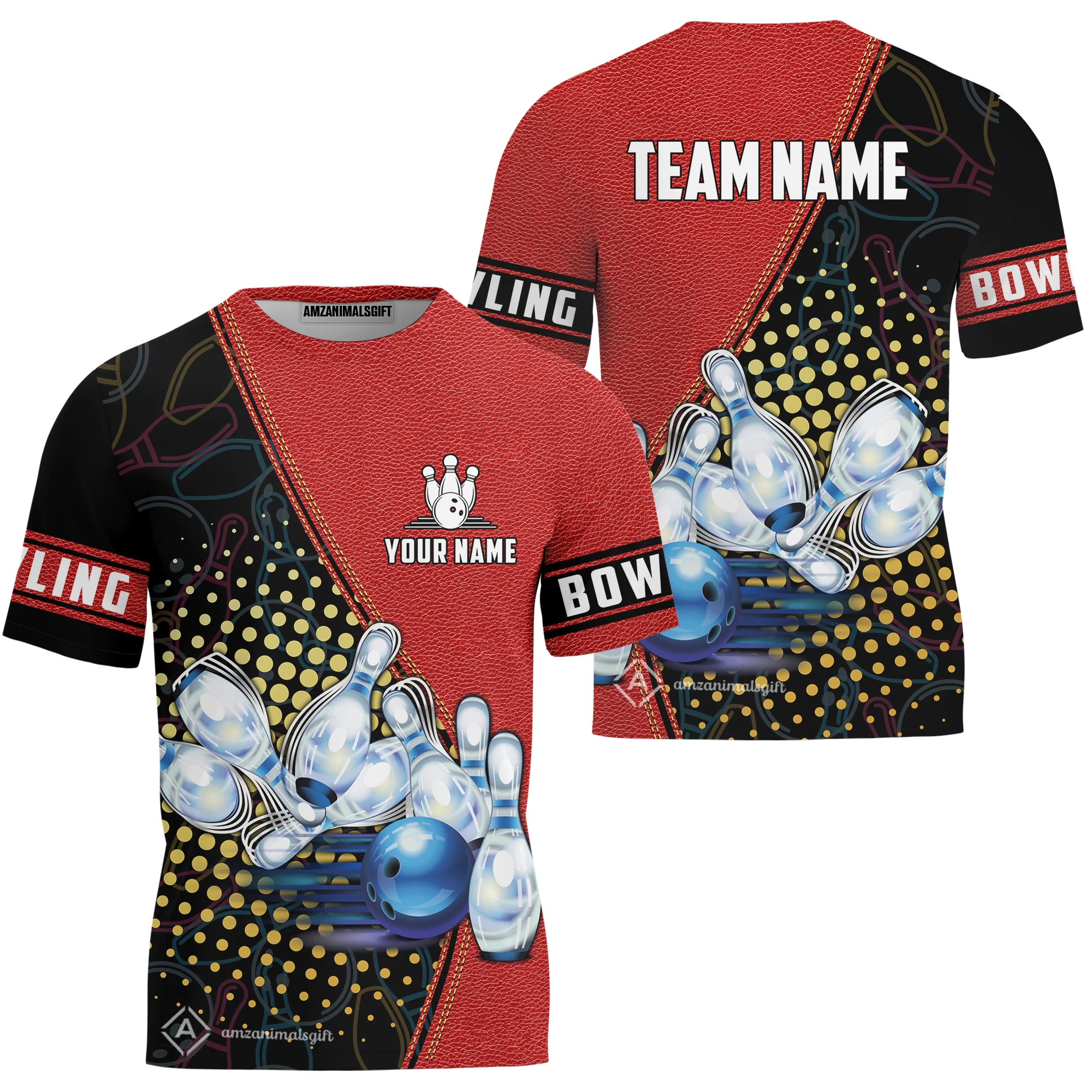 Custom Bowling T-Shirt - Black And Blue Bowling Ball Pattern Personalized Name T-Shirt - Image 6