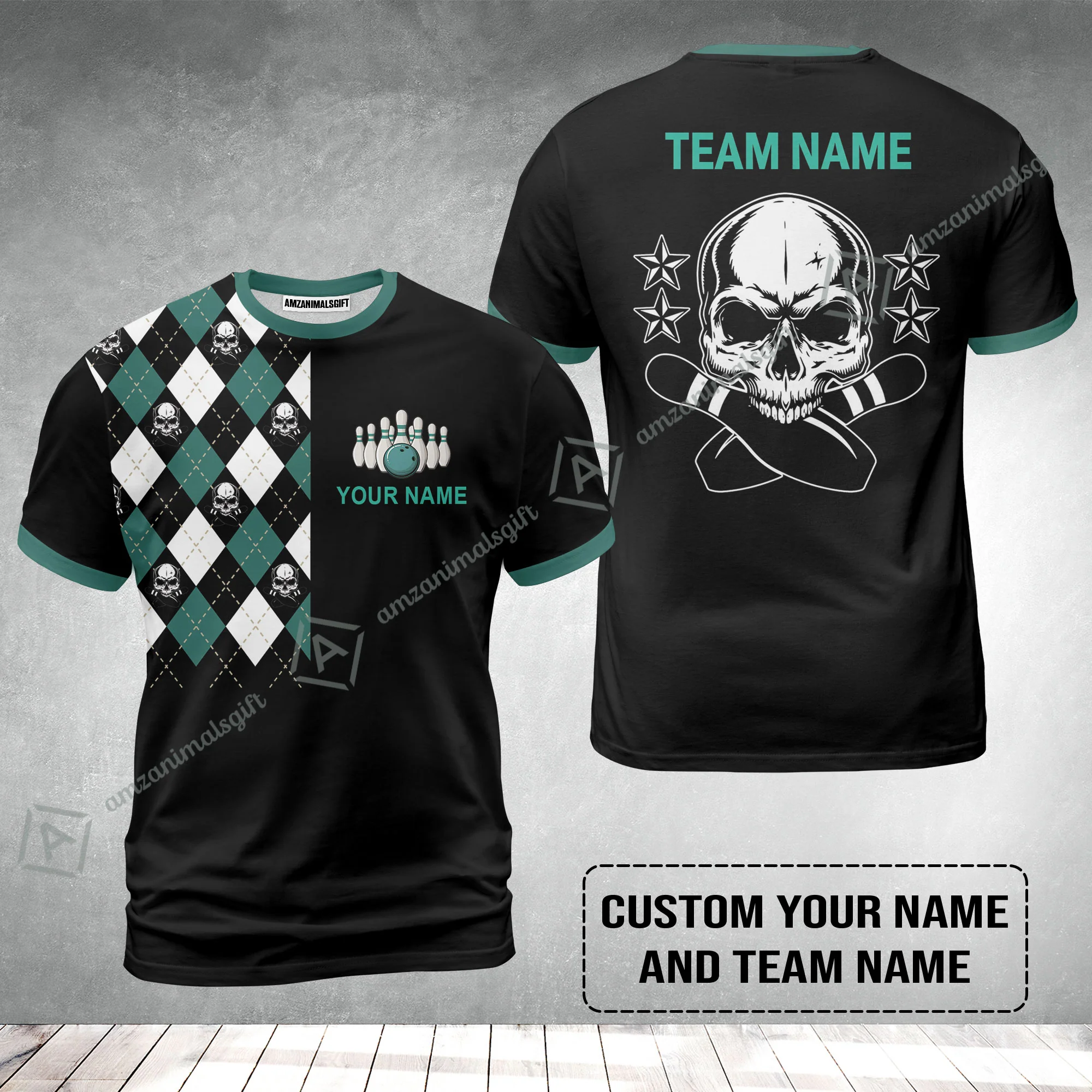Custom Bowling T-Shirt - Custom Name Skull Black Bowling Personalized T-Shirt - Image 2