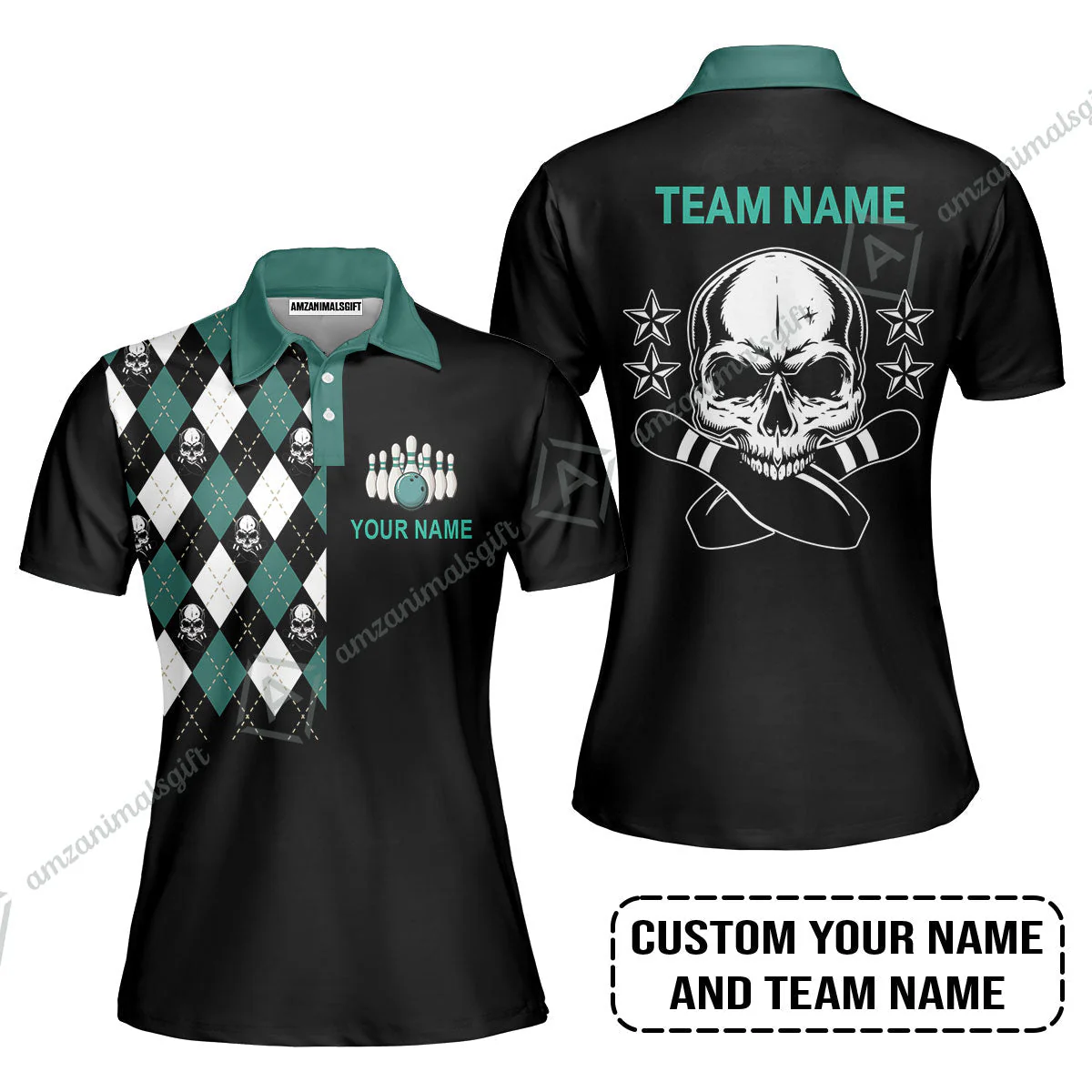 Custom Bowling T-Shirt - Custom Name Skull Black Bowling Personalized T-Shirt - Image 5
