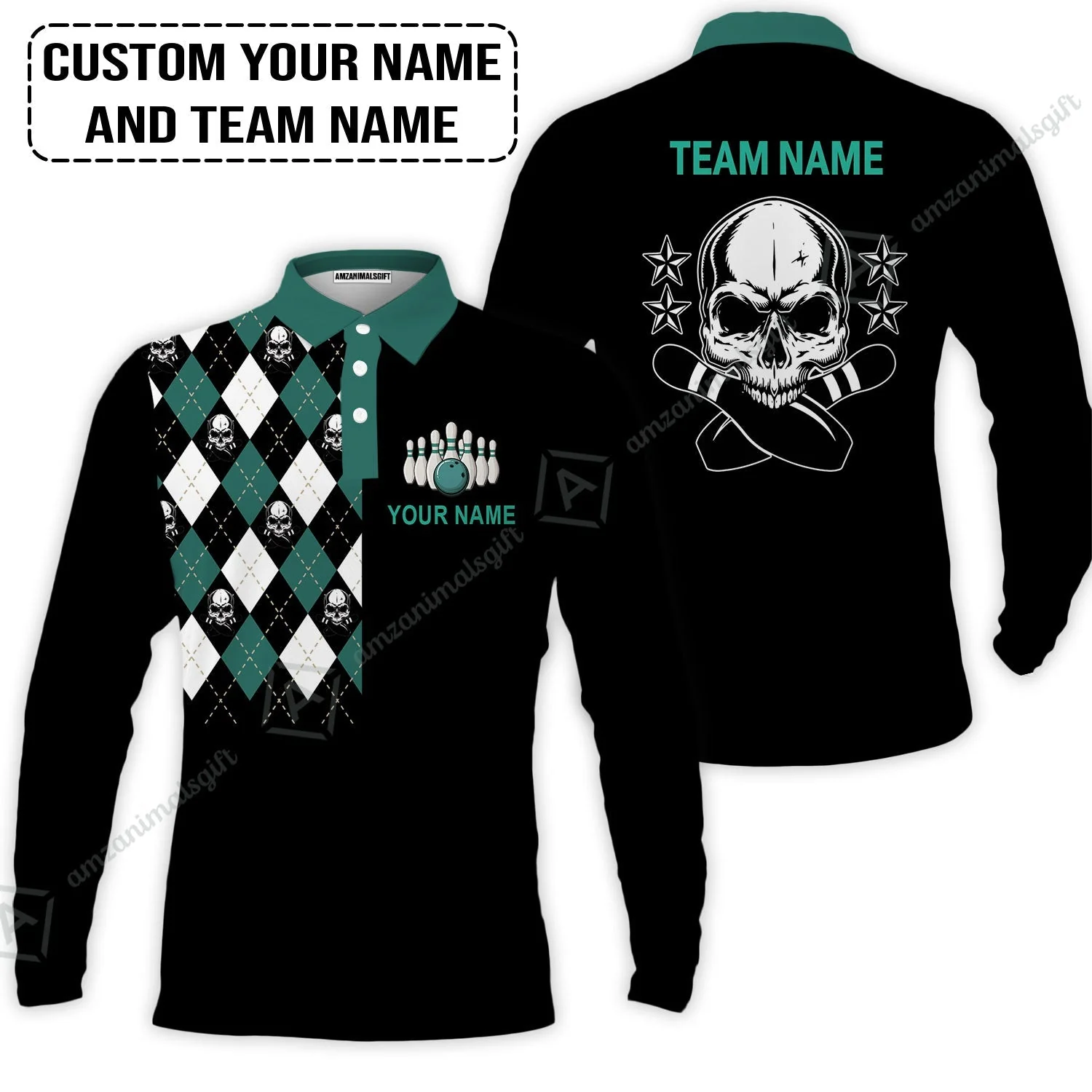 Custom Bowling T-Shirt - Custom Name Skull Black Bowling Personalized T-Shirt - Image 9