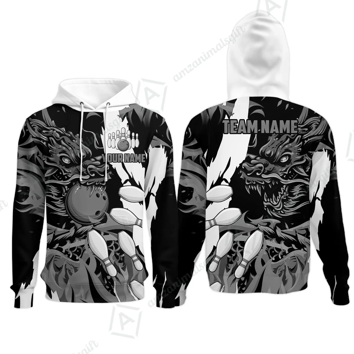 Custom Bowling Team Hoodie, Bowling uniforms Ball & Pins Dragon Flame Pattern Personalized Name And Team Name - Image 2