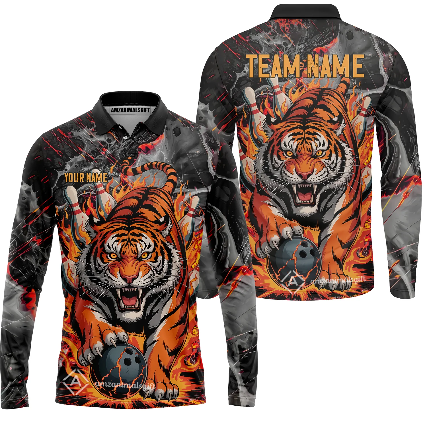 Custom Bowling Team Jersey, Tiger Gripping A Bowling Ball, Bowling Uniforms, Personalize Name And Team Name - Image 4
