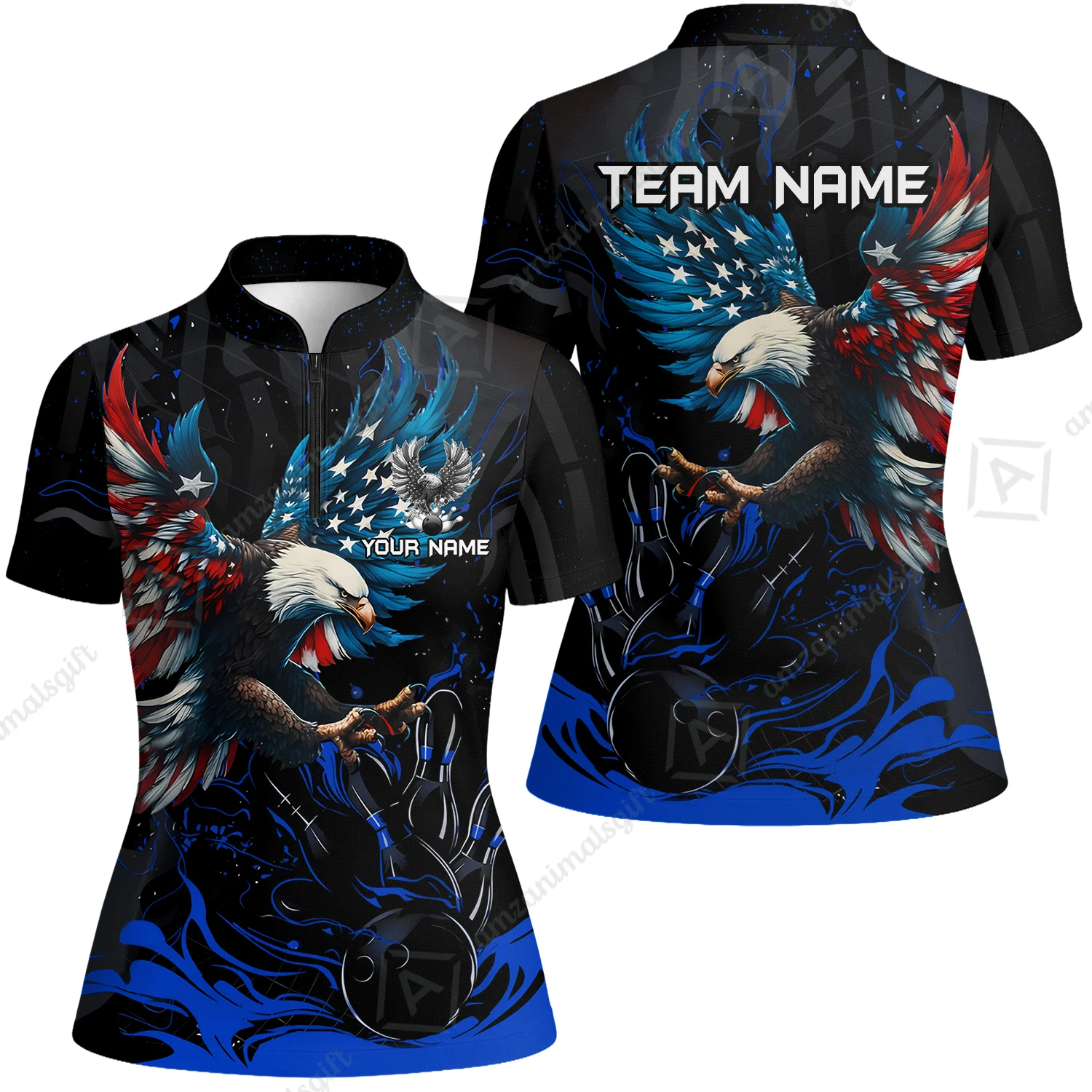 Custom Bowling Team Jerseys, Bowling uniforms Quarter-Zip Polo, Bowling Ball & Pins Almighty American Eagle Customized Name And Team Name - Image 18