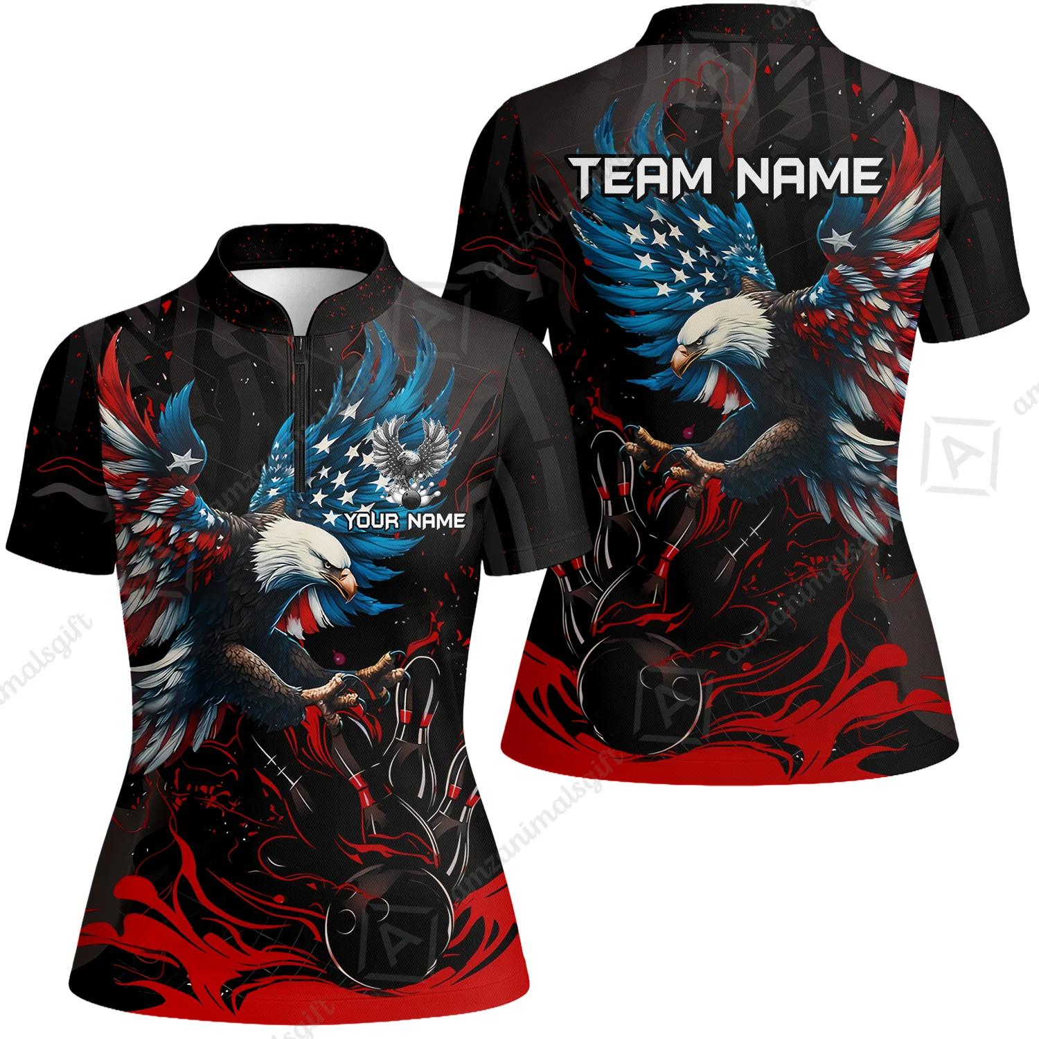 Custom Bowling Team Jerseys, Bowling uniforms Quarter-Zip Polo, Bowling Ball & Pins Almighty American Eagle Customized Name And Team Name - Image 19