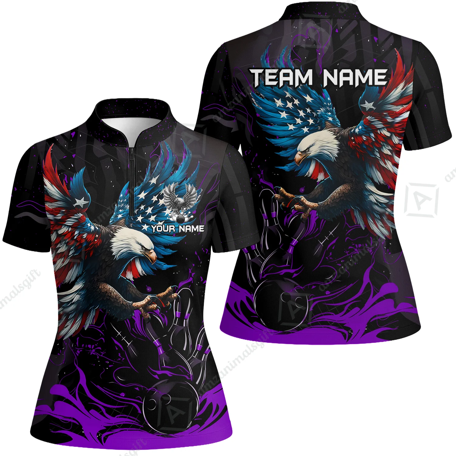 Custom Bowling Team Jerseys, Bowling uniforms Quarter-Zip Polo, Bowling Ball & Pins Almighty American Eagle Customized Name And Team Name - Image 20