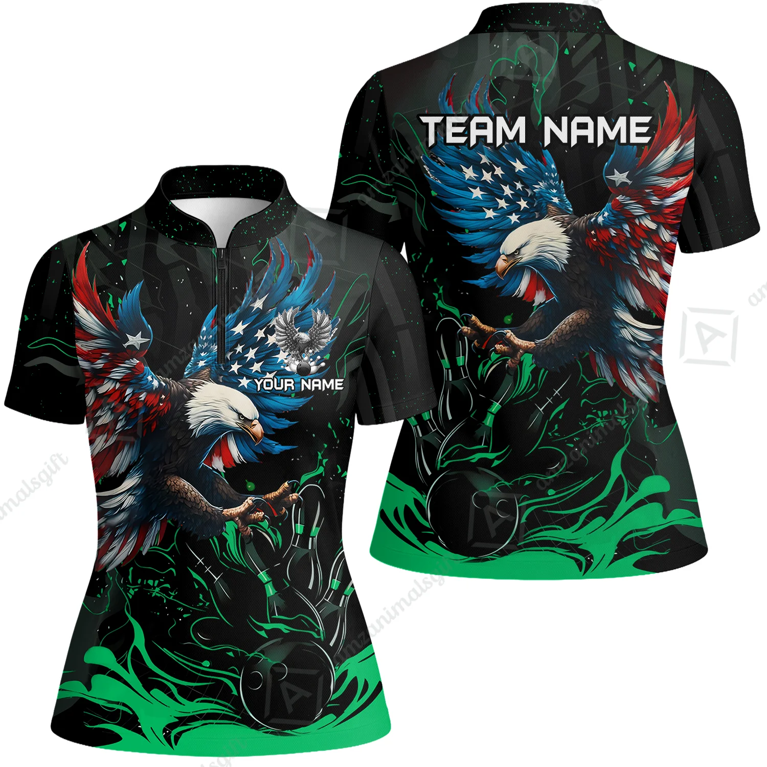 Custom Bowling Team Jerseys, Bowling uniforms Quarter-Zip Polo, Bowling Ball & Pins Almighty American Eagle Customized Name And Team Name - Image 21