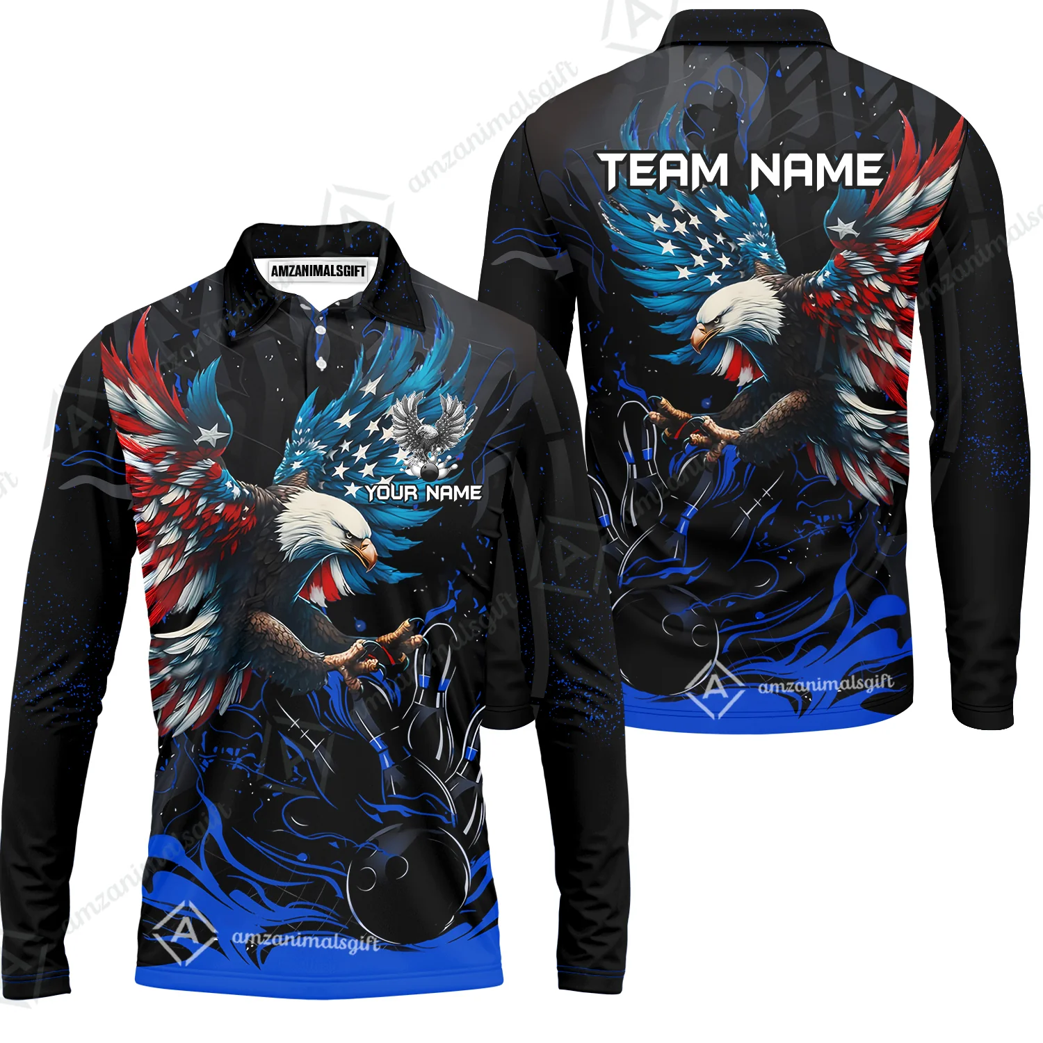 Custom Bowling Team Jerseys, Bowling uniforms Quarter-Zip Polo, Bowling Ball & Pins Almighty American Eagle Customized Name And Team Name - Image 30