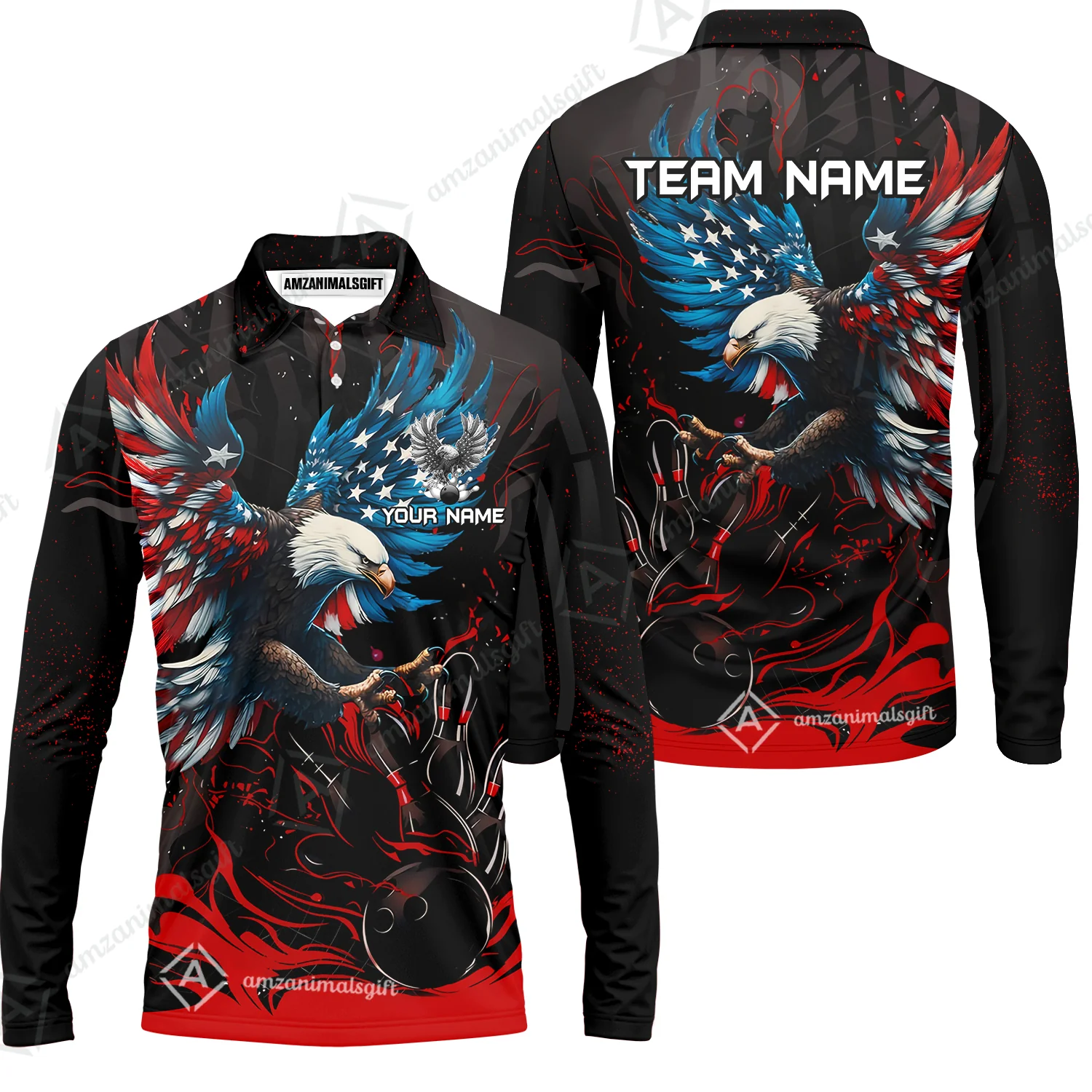 Custom Bowling Team Jerseys, Bowling uniforms Quarter-Zip Polo, Bowling Ball & Pins Almighty American Eagle Customized Name And Team Name - Image 31