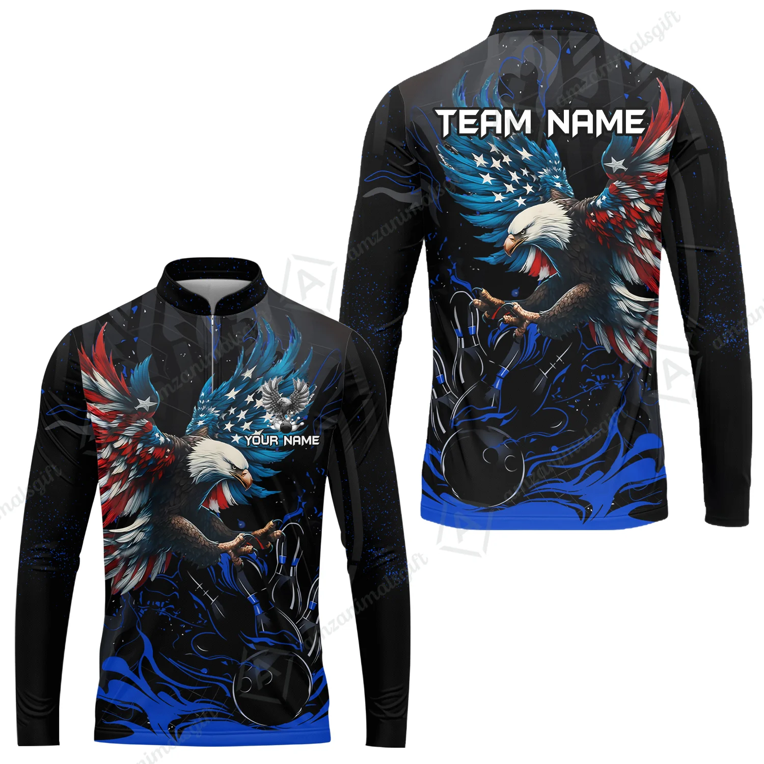 Custom Bowling Team Jerseys, Bowling uniforms Quarter-Zip Polo, Bowling Ball & Pins Almighty American Eagle Customized Name And Team Name - Image 34