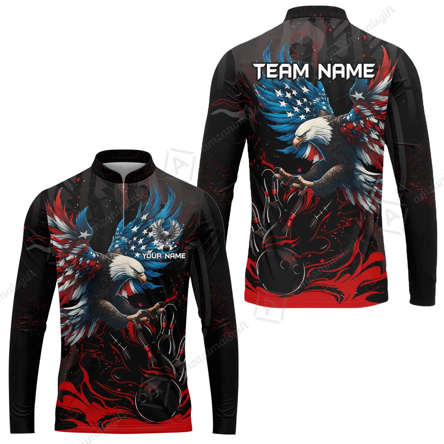 Custom Bowling Team Jerseys, Bowling uniforms Quarter-Zip Polo, Bowling Ball & Pins Almighty American Eagle Customized Name And Team Name - Image 35