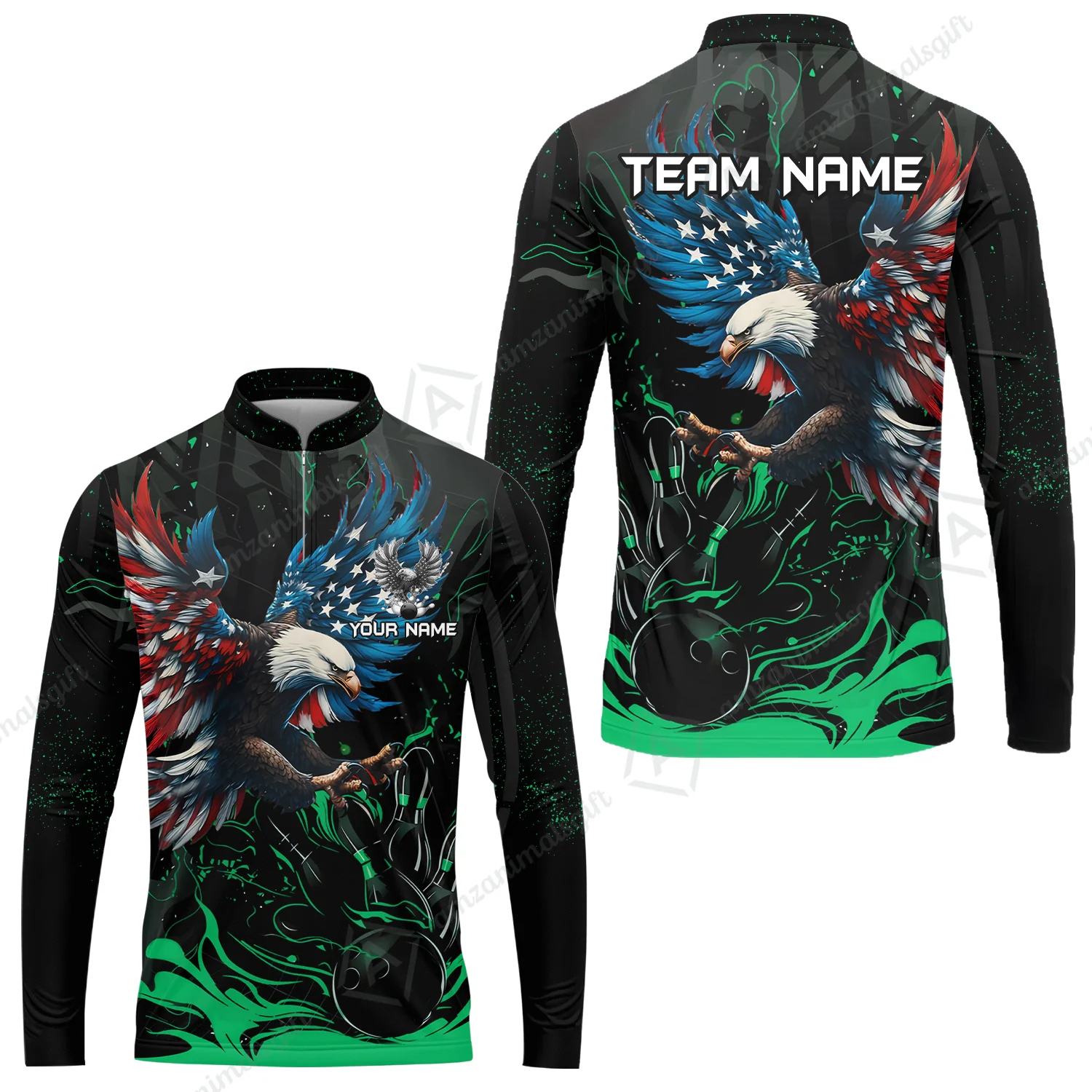 Custom Bowling Team Jerseys, Bowling uniforms Quarter-Zip Polo, Bowling Ball & Pins Almighty American Eagle Customized Name And Team Name - Image 37