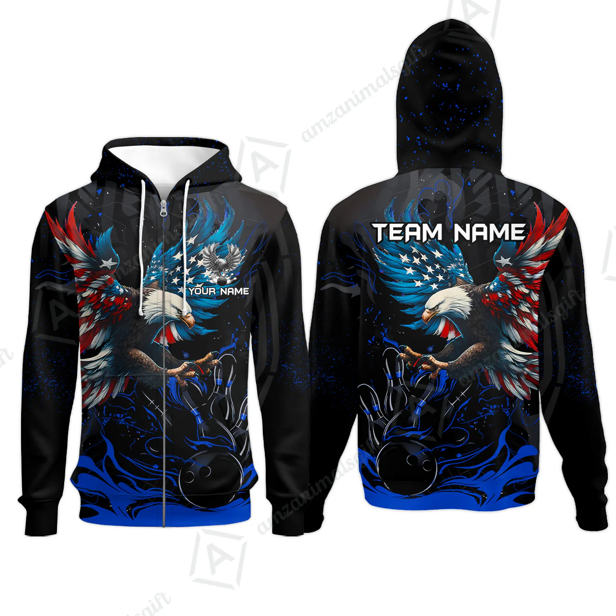 Custom Bowling Team Jerseys, Bowling uniforms Quarter-Zip Polo, Bowling Ball & Pins Almighty American Eagle Customized Name And Team Name - Image 46