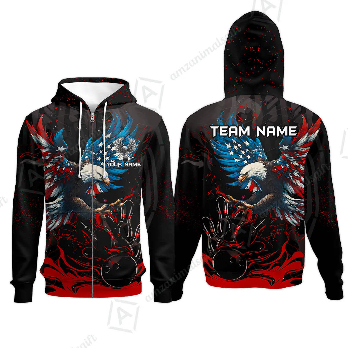 Custom Bowling Team Jerseys, Bowling uniforms Quarter-Zip Polo, Bowling Ball & Pins Almighty American Eagle Customized Name And Team Name - Image 47