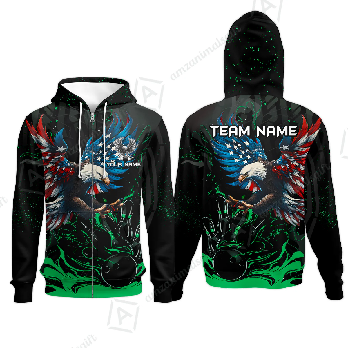 Custom Bowling Team Jerseys, Bowling uniforms Quarter-Zip Polo, Bowling Ball & Pins Almighty American Eagle Customized Name And Team Name - Image 49