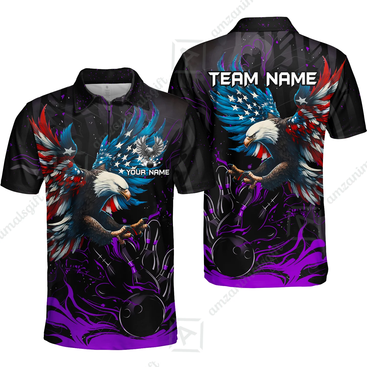 Custom Bowling Team Jerseys, Bowling uniforms Quarter-Zip Polo, Bowling Ball & Pins Almighty American Eagle Customized Name And Team Name - Image 52