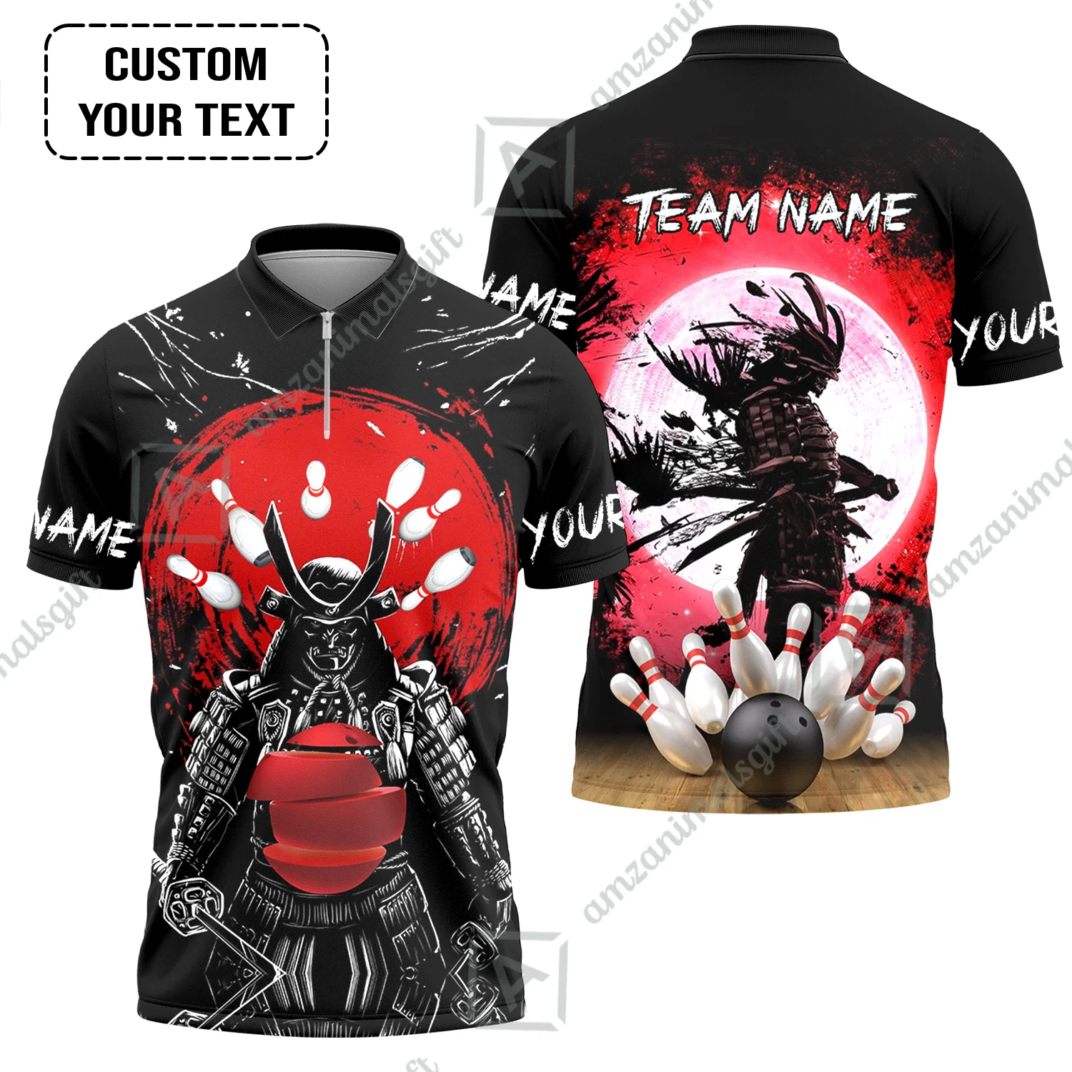 Custom Bowling Team Jerseys Polo Shirts, Bowling uniforms Ball And Pins Samurai Multicolor Options Personalized Name And Team Name - Image 2