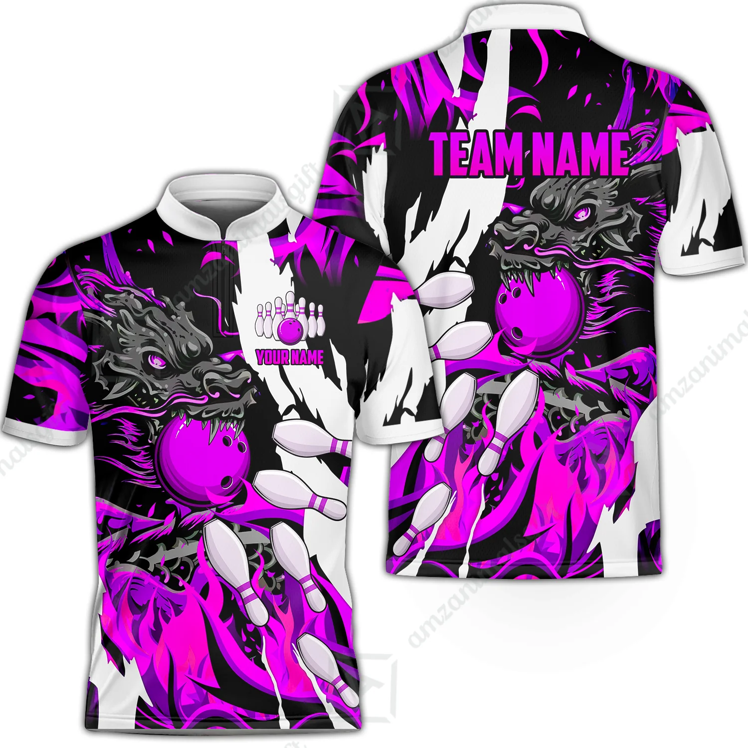 Custom Bowling Team Bowling Jersey, Bowling uniforms Ball & Pins Dragon Flame Pattern Personalized Name And Team Name - Image 2