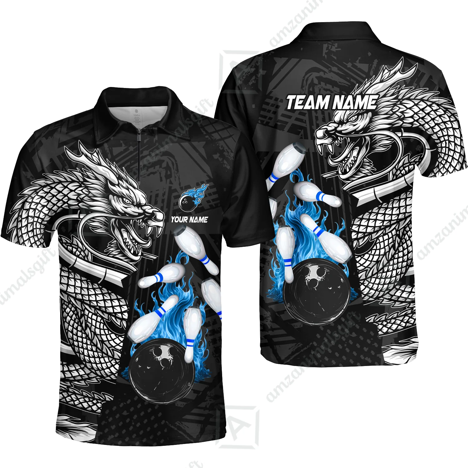 Custom Bowling Team Jerseys Polo Shirts, Bowling uniforms Bowling & Pins Dragon Flame Fire Multicolor Options Personalized Name And Team Name - Image 19