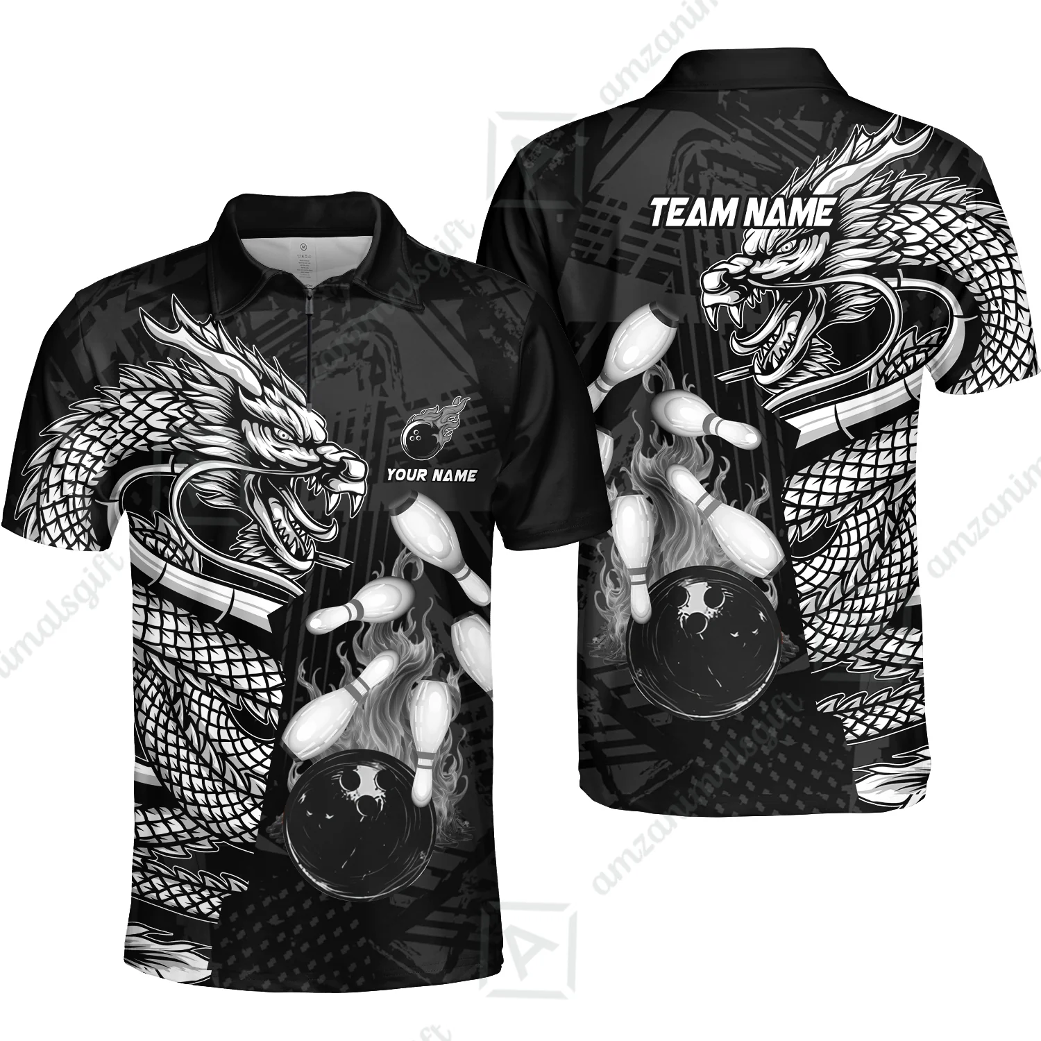Custom Bowling Team Jerseys Polo Shirts, Bowling uniforms Bowling & Pins Dragon Flame Fire Multicolor Options Personalized Name And Team Name - Image 20