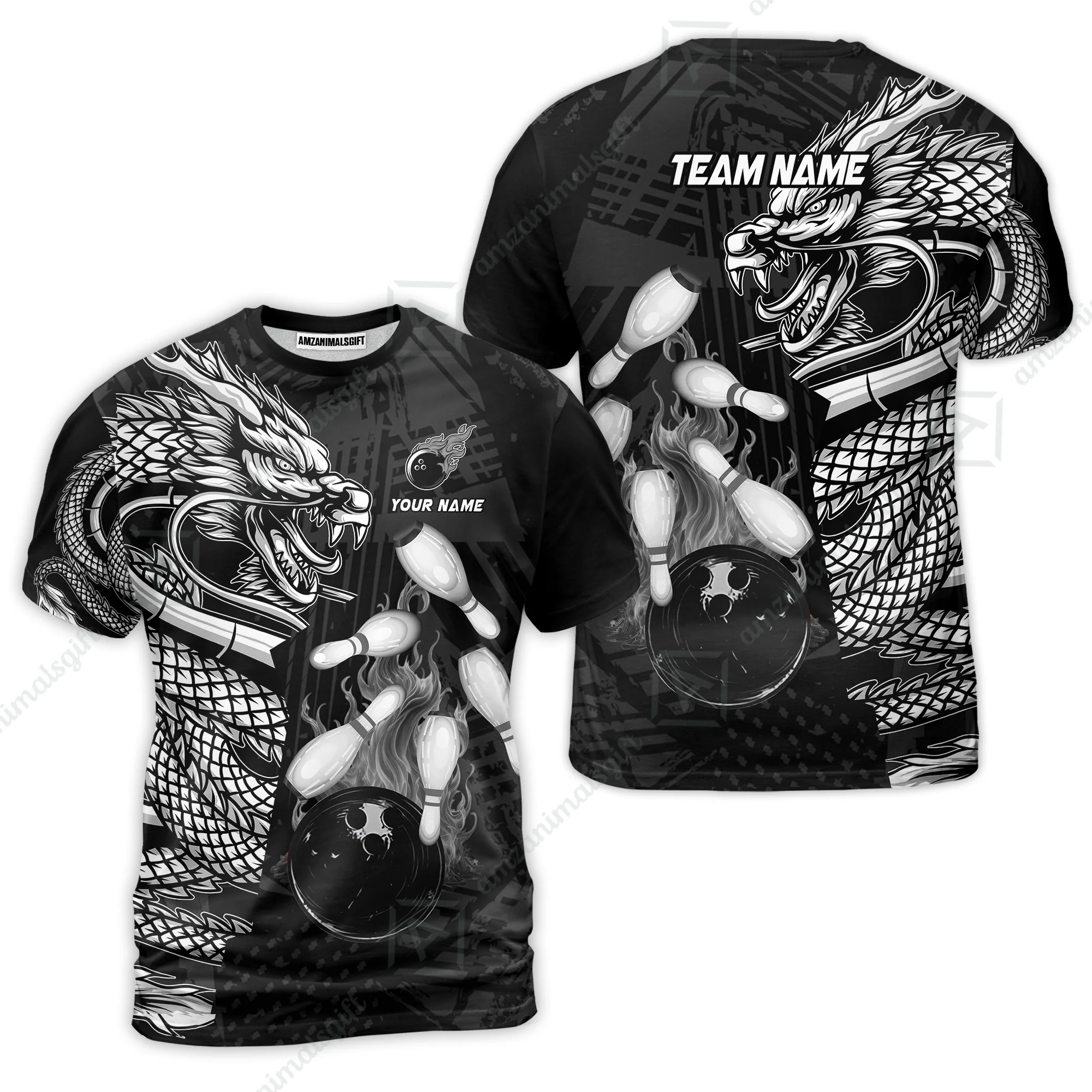 Custom Bowling Team Jerseys Polo Shirts, Bowling uniforms Bowling & Pins Dragon Flame Fire Multicolor Options Personalized Name And Team Name - Image 23