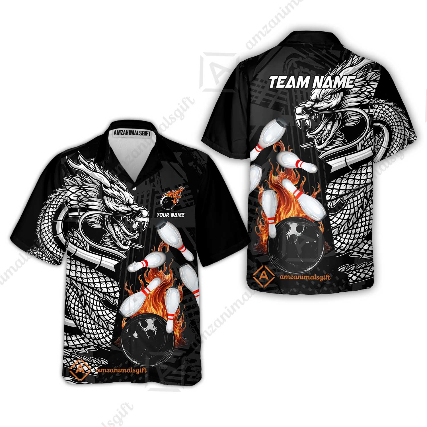 Custom Bowling Team Jerseys Polo Shirts, Bowling uniforms Bowling & Pins Dragon Flame Fire Multicolor Options Personalized Name And Team Name - Image 24