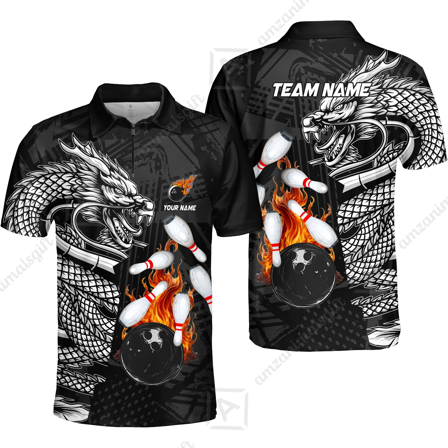 Custom Bowling Team Jerseys Polo Shirts, Bowling uniforms Bowling & Pins Dragon Flame Fire Multicolor Options Personalized Name And Team Name - Image 42