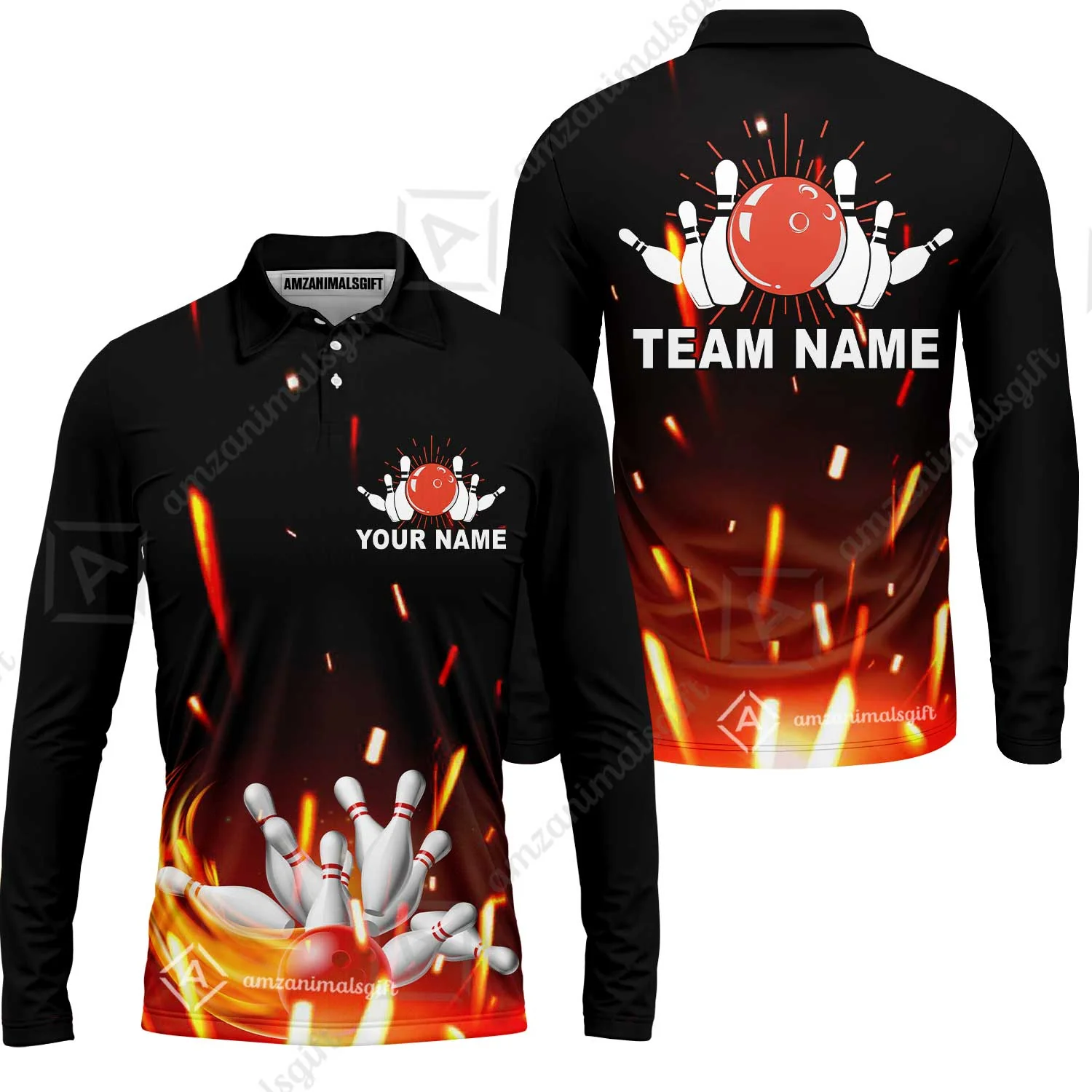 Custom Bowling Team Jerseys Polo Shirts, Bowling uniforms Flame Bowling Ball And Pins Short Sleeve Polo For Men Women Bowlers - Image 38