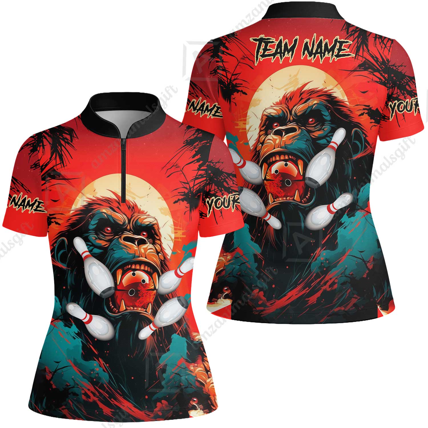 Custom Bowling Team Jerseys Polo Shirts, Bowling uniforms Godzilla KingKong Pattern Personalized Name And Team Name - Image 13