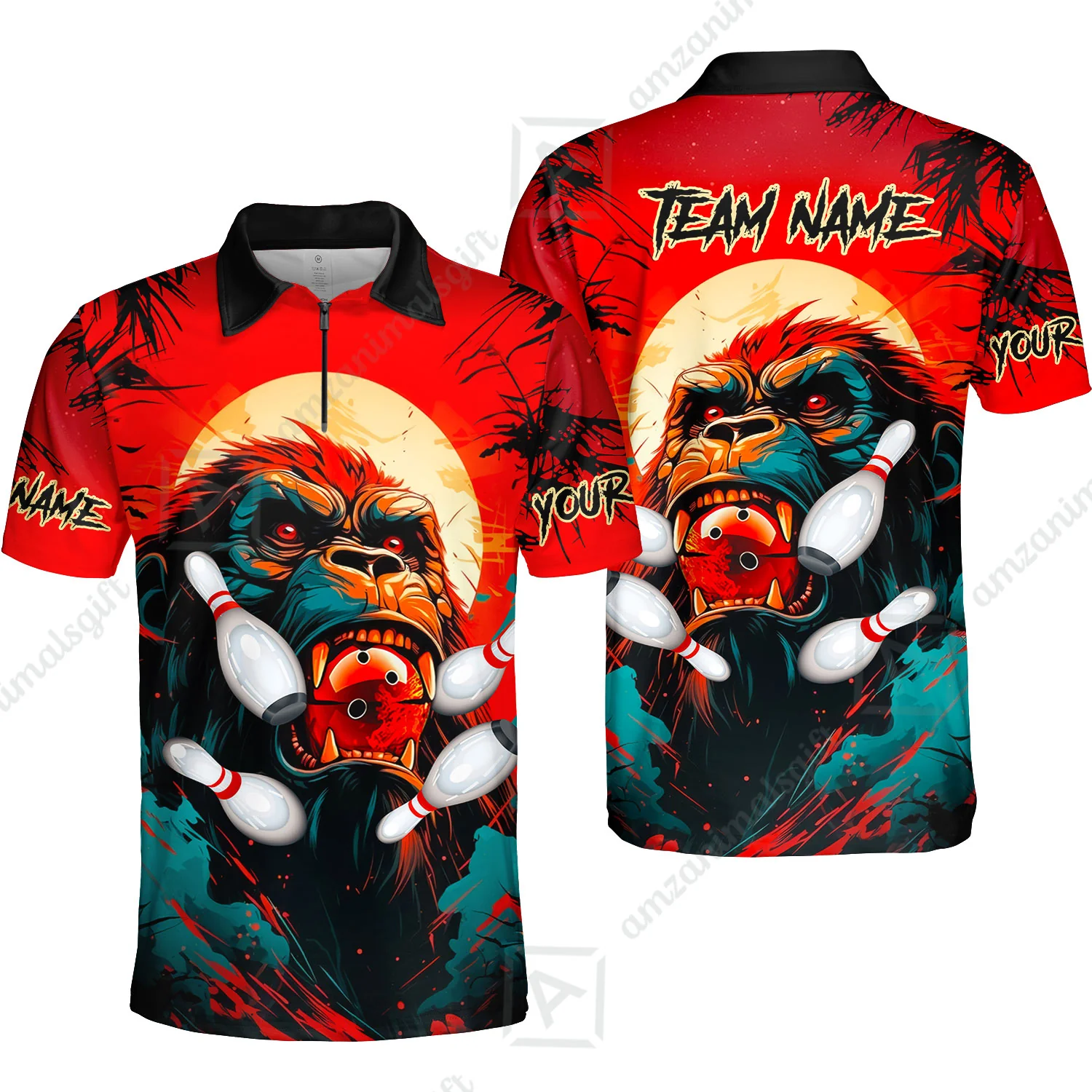 Custom Bowling Team Jerseys Polo Shirts, Bowling uniforms Godzilla KingKong Pattern Personalized Name And Team Name - Image 3