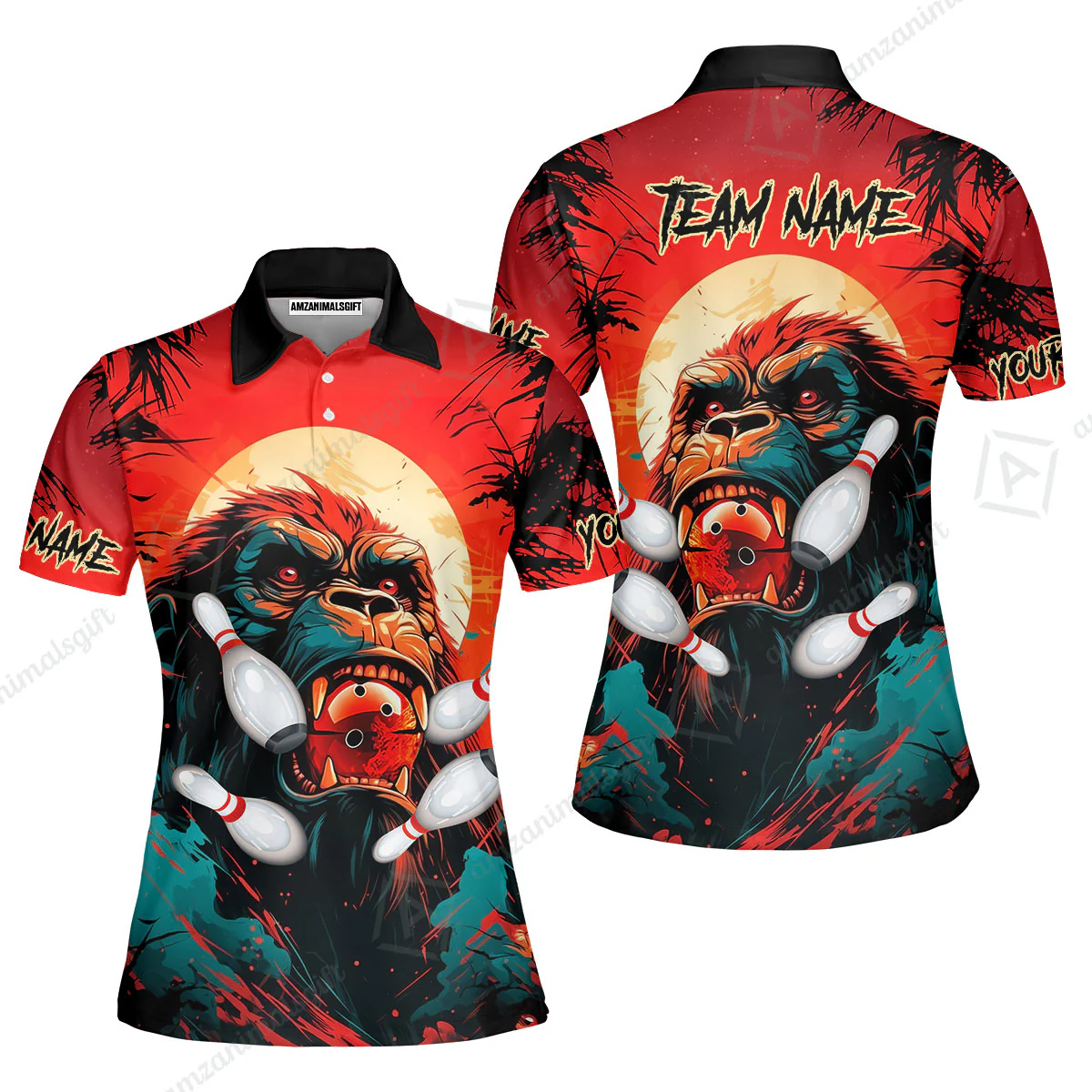 Custom Bowling Team Jerseys Polo Shirts, Bowling uniforms Godzilla KingKong Pattern Personalized Name And Team Name - Image 4