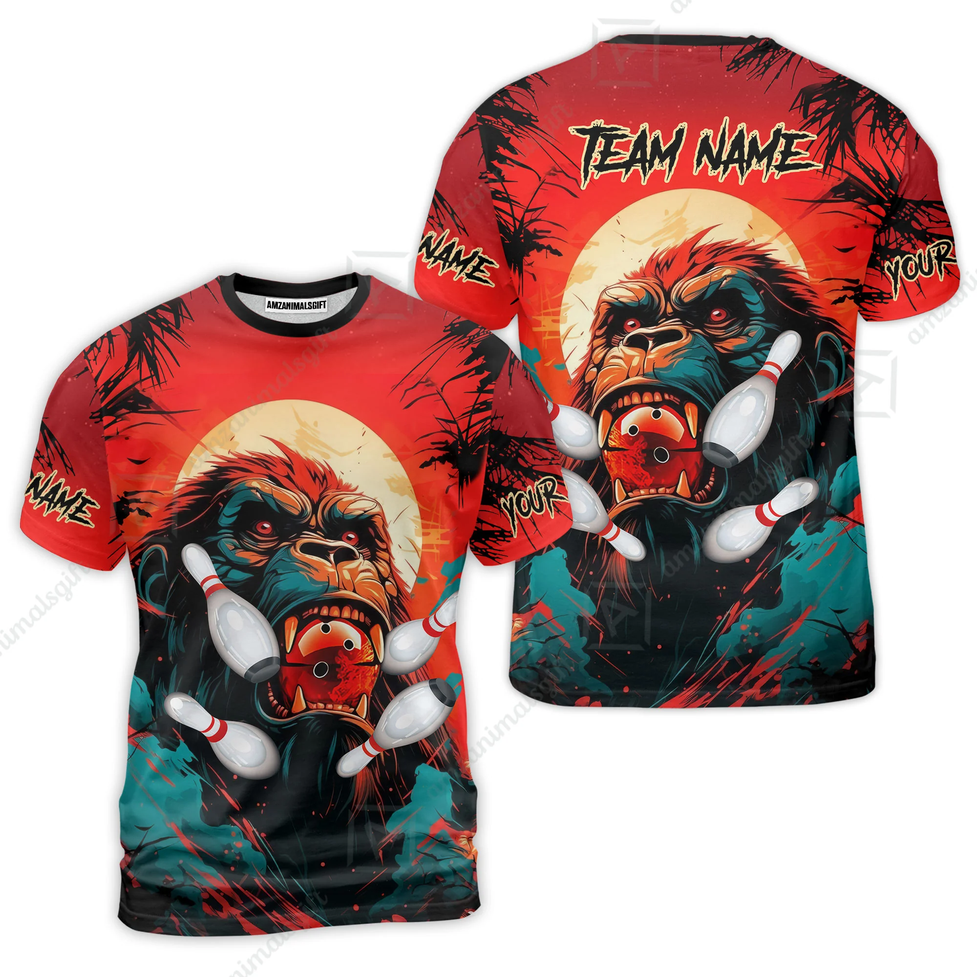 Custom Bowling Team Jerseys Polo Shirts, Bowling uniforms Godzilla KingKong Pattern Personalized Name And Team Name - Image 5
