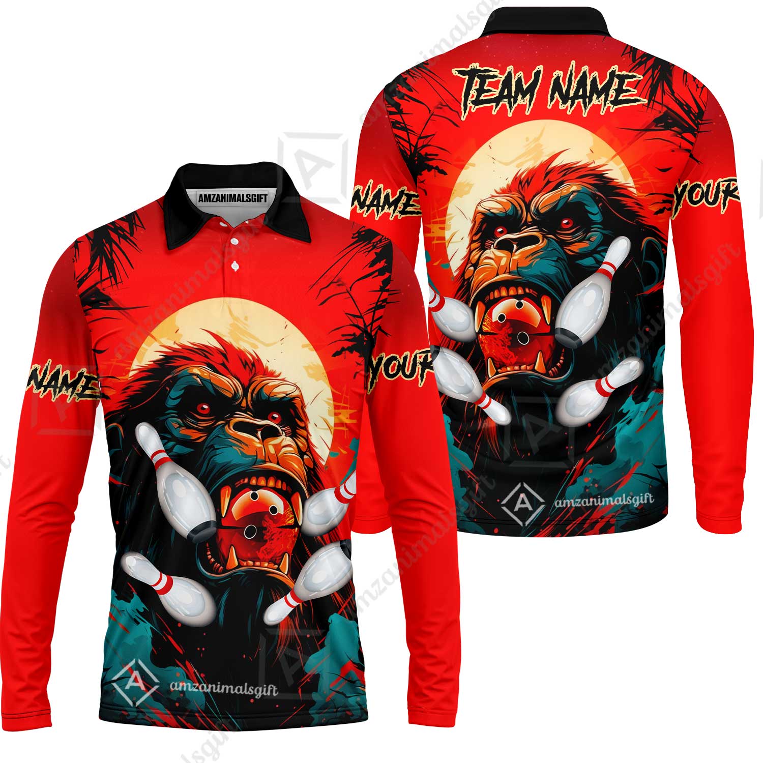 Custom Bowling Team Jerseys Polo Shirts, Bowling uniforms Godzilla KingKong Pattern Personalized Name And Team Name - Image 9