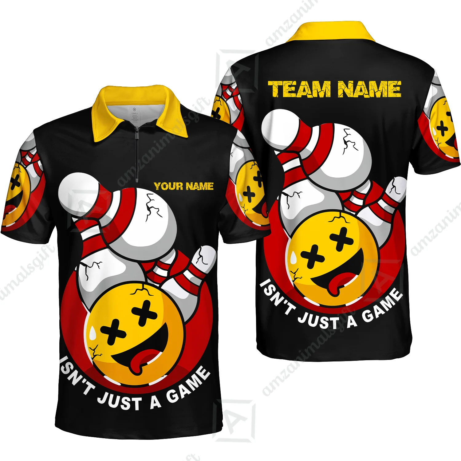 Custom Bowling Team Quarter-Zip Polo Shirt, Bowling Uniforms Black Summer Smiley Personalized Name And Team Name - Image 6