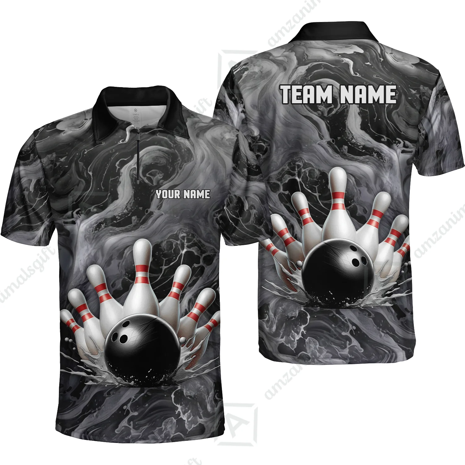Custom Bowling Team Unisex Polo Shirt, Black Pearl Urethane Bowling Ball Marble Smoke Design for Bowlers - Image 2