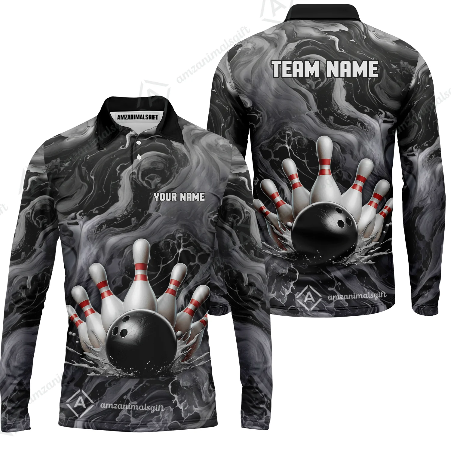 Custom Bowling Team Unisex Polo Shirt, Black Pearl Urethane Bowling Ball Marble Smoke Design for Bowlers - Image 4