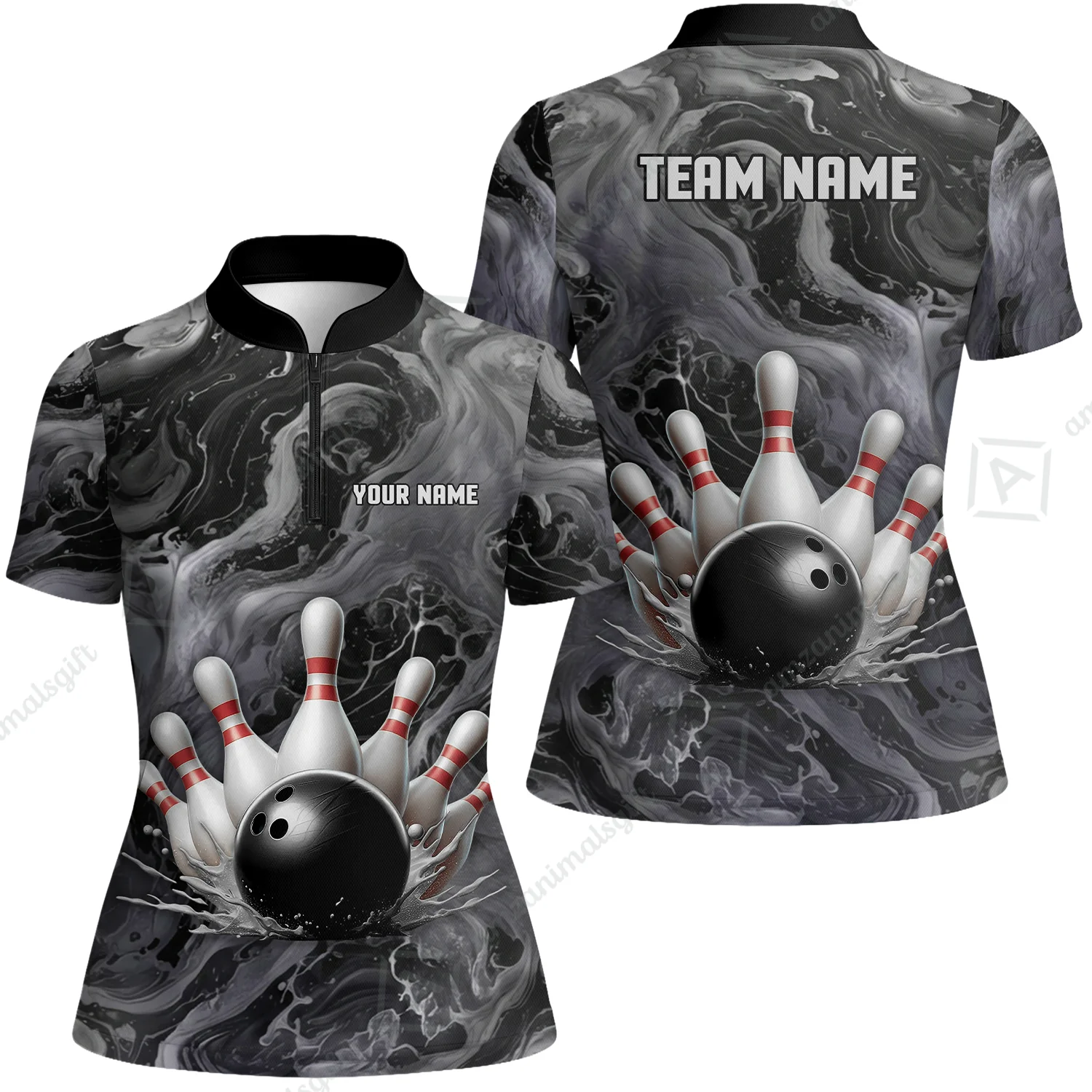 Custom Bowling Team Unisex Polo Shirt, Black Pearl Urethane Bowling Ball Marble Smoke Design for Bowlers - Image 8