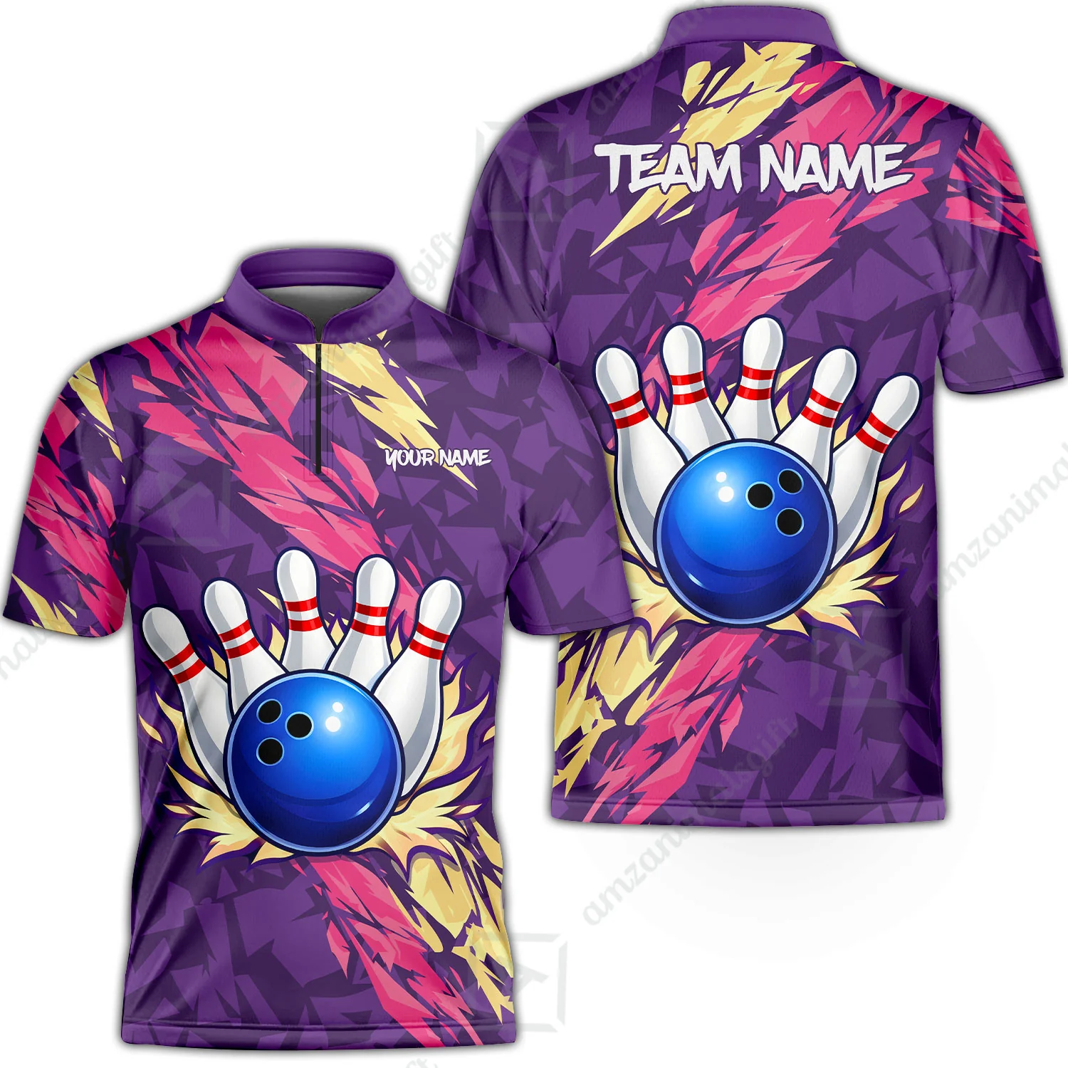 Custom Bowling Team Unisex Polo Shirt, Ion Max Bowling Ball Purple Fire Strike Design for Bowlers - Image 2