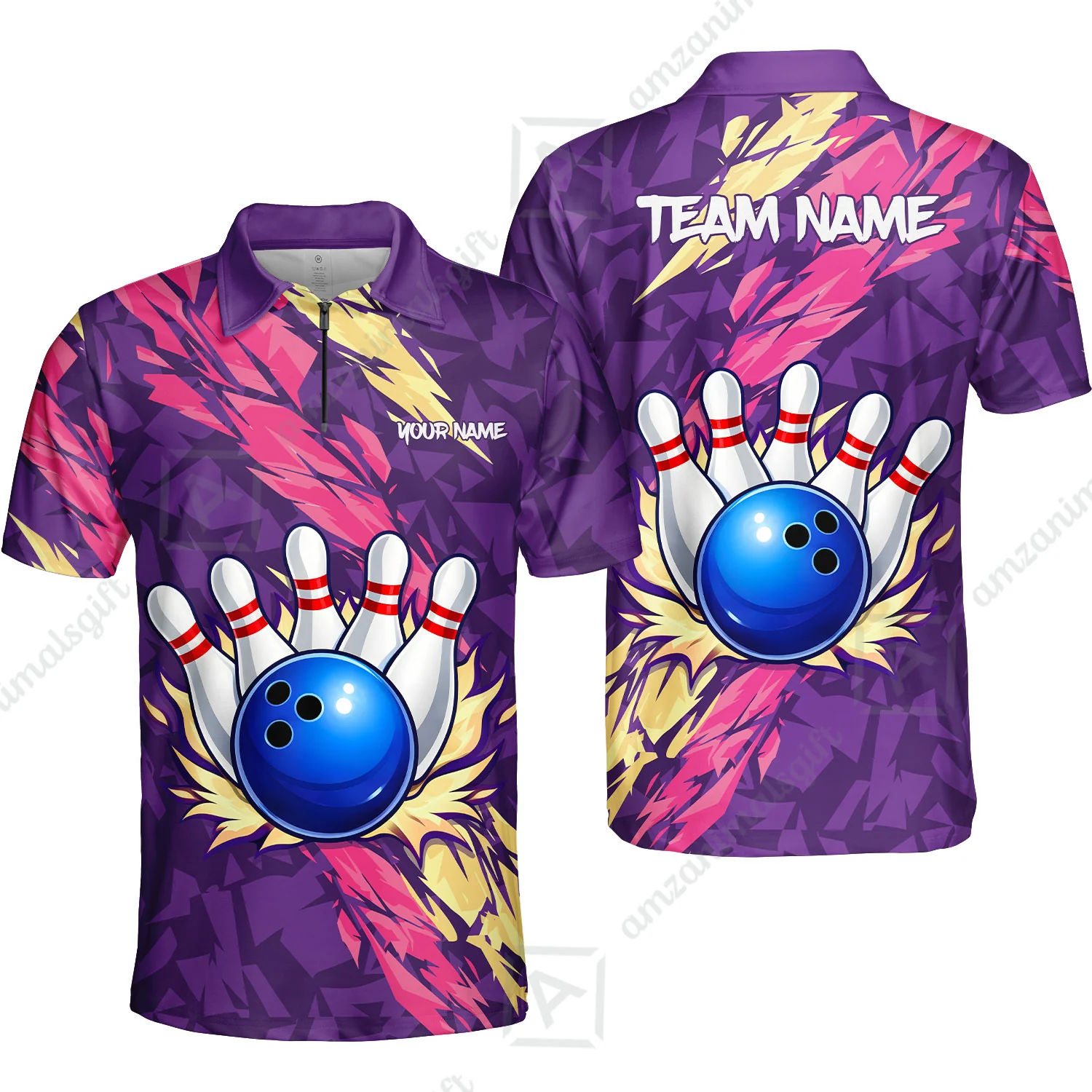 Custom Bowling Team Unisex Polo Shirt, Ion Max Bowling Ball Purple Fire Strike Design for Bowlers - Image 3
