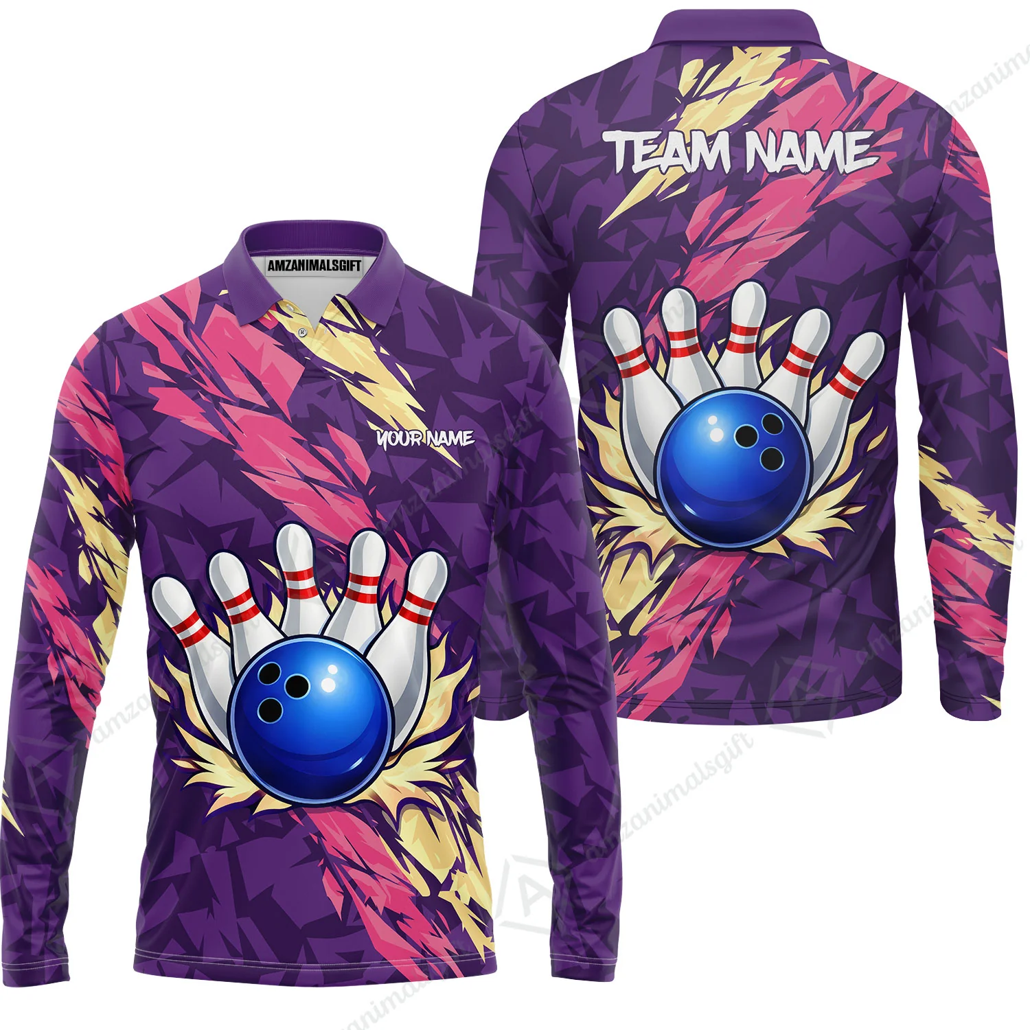 Custom Bowling Team Unisex Polo Shirt, Ion Max Bowling Ball Purple Fire Strike Design for Bowlers - Image 4